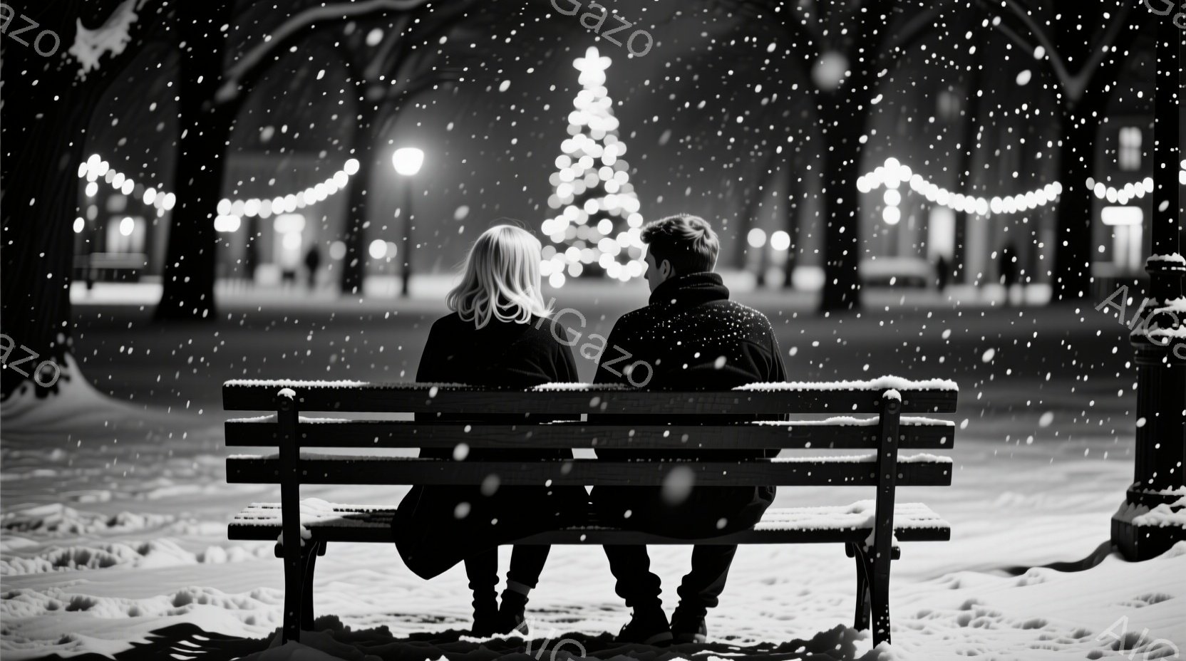 雪が舞う夜、公園のベンチに一対の男女が並んで座っている。女性は明るい髪で黒いコートを着ており、男性は黒いジャケットを着用している。背景にはクリスマスツリーが飾られ、暖かい光が灯っており、静かでロマンチ - AI生成フリー素材