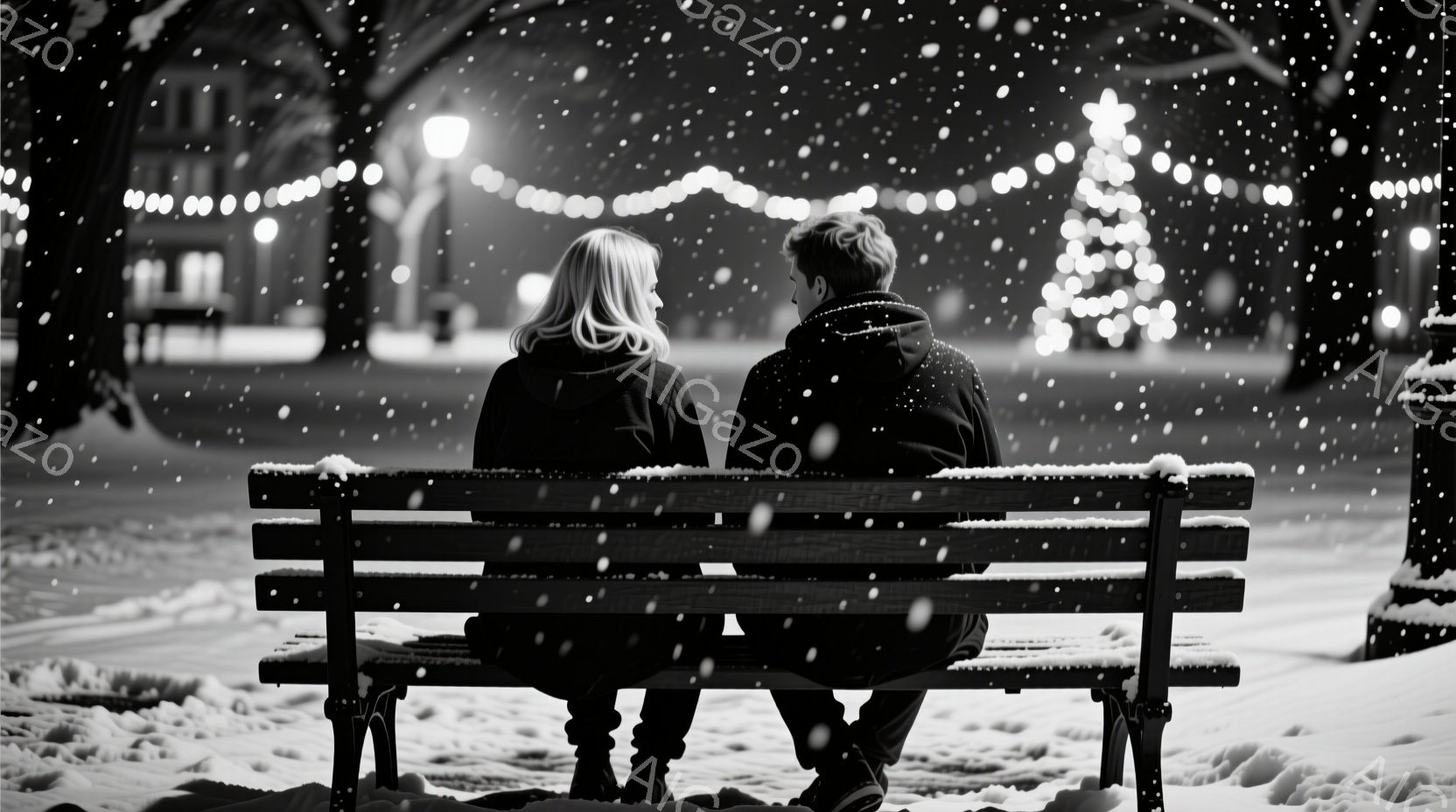 雪が降る中、公園のベンチに寄り添って座る男女が描かれています。女性はブロンドの髪で、黒いコートを着ており、男性はダークカラーのジャケットを着ています。背景にはイルミネーションで飾られた木々と建物があり - AI生成フリー素材