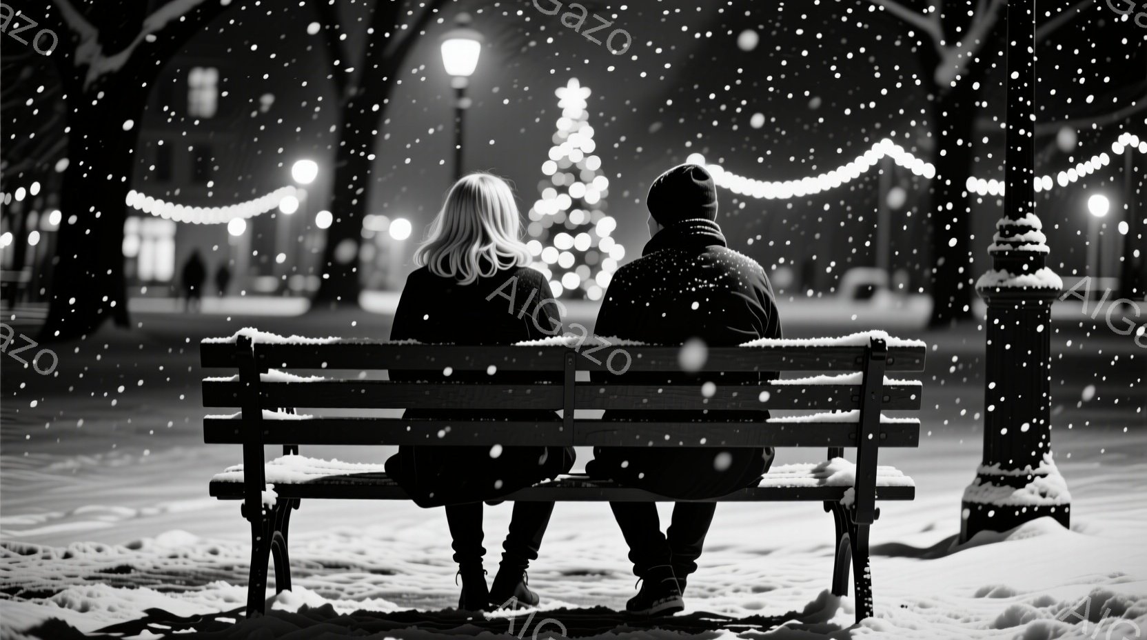 雪が降る夜、公園のベンチに男女が並んで座っている。女性は明るい髪で、男性は黒い帽子をかぶっている。背景にはクリスマスツリーが輝き、街灯や雪景色がロマンチックな雰囲気を醸し出している。 - AI生成フリー素材