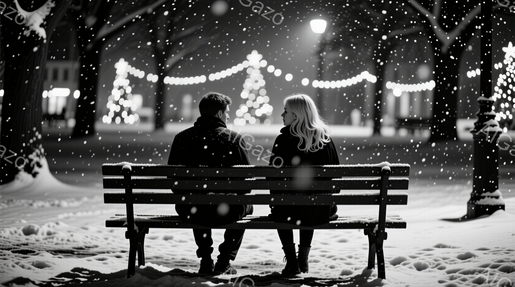 雪が降る夜、公園のベンチに男女が並んで座っている。男性は黒いコートとパンツ、女性は白い長い髪と黒いコートを着ており、共に前方を見ているが、表情ははっきりとは見えない。背景には、イルミネーションで飾られ - AI生成フリー素材