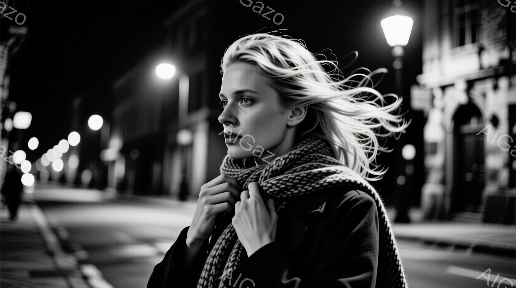 彼女は巻き毛のブロンドヘアを風になびかせ、チェック柄のマフラーとダークカラーのコートを着ています。彼女は少し憂いを含んだ表情で、何かを見つめるように横を向いています。背景には、夜の街並みとぼんやりとし - AI生成フリー素材