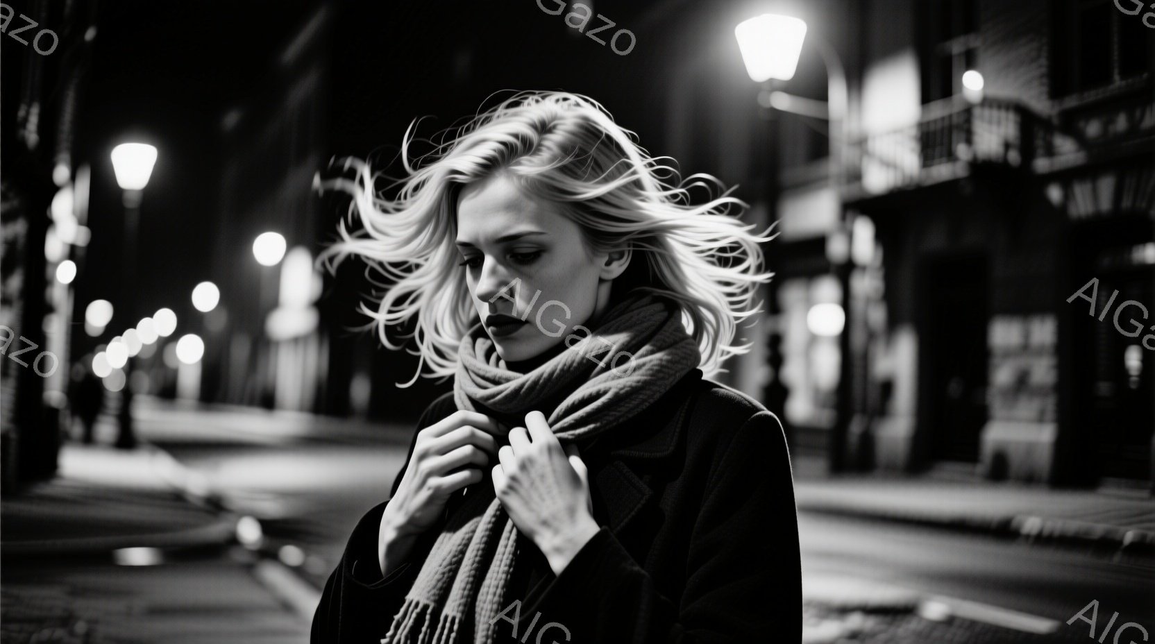 長いブロンドの髪が風になびき、黒いコートとマフラーを身につけた女性が描かれている。彼女は両手でマフラーを抱え、少し憂いを帯びた表情で遠くを見つめている。背景にはぼやけた街並みと街灯が見え、冷たい夜の雰 - AI生成フリー素材