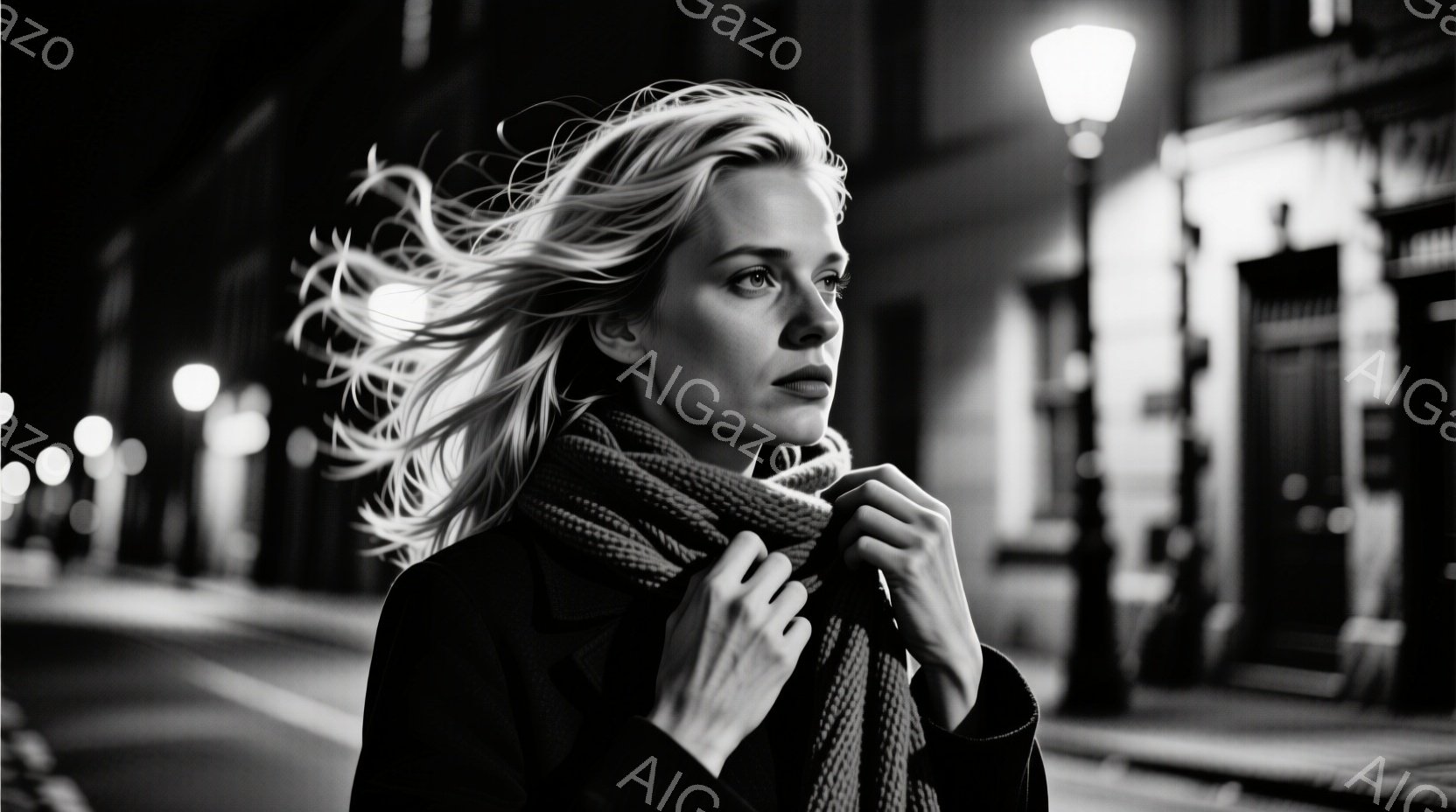 金髪の女性が、暗い街路で風に吹かれながら歩いている。彼女は黒いコートとマフラーを身につけ、少し憂いを帯びた表情で遠くを見つめている。背景にはぼやけた建物と街灯が見え、全体的に寂しげで物憂い雰囲気を醸し - AI生成フリー素材