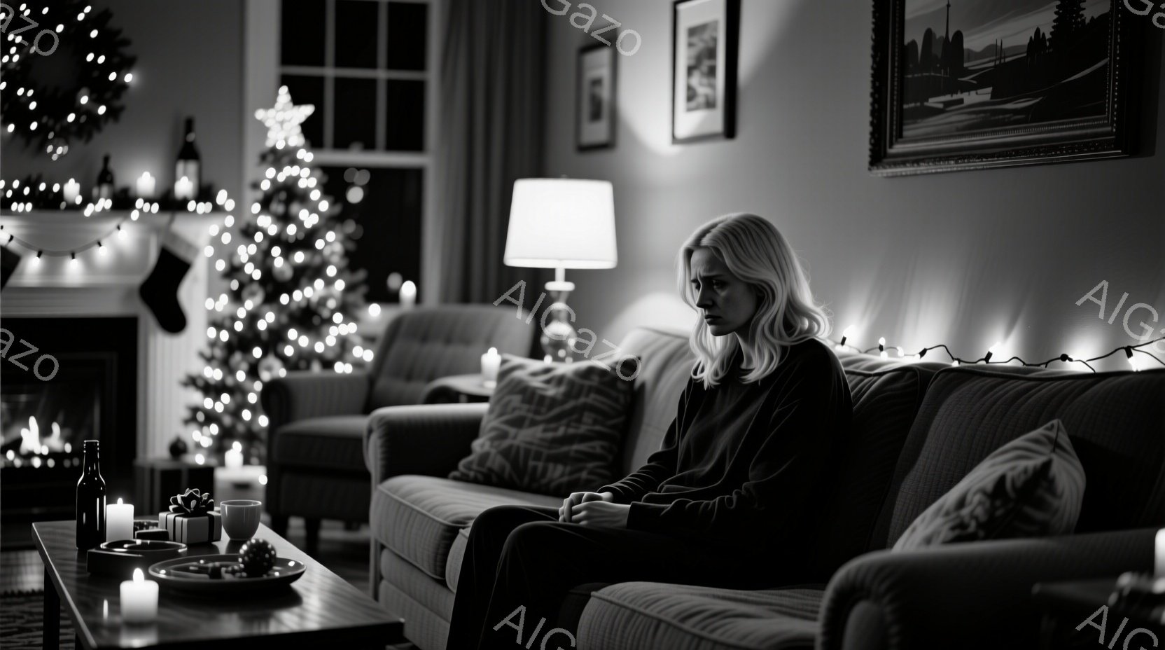 暖炉のそばのソファに座る女性は、黒い服を着ており、金髪は肩まで伸びています。彼女は憂鬱そうな表情で、うつむき加減の姿勢で両手を抱えています。背景にはクリスマスツリーが飾られ、キャンドルやプレゼントが置 - AI生成フリー素材