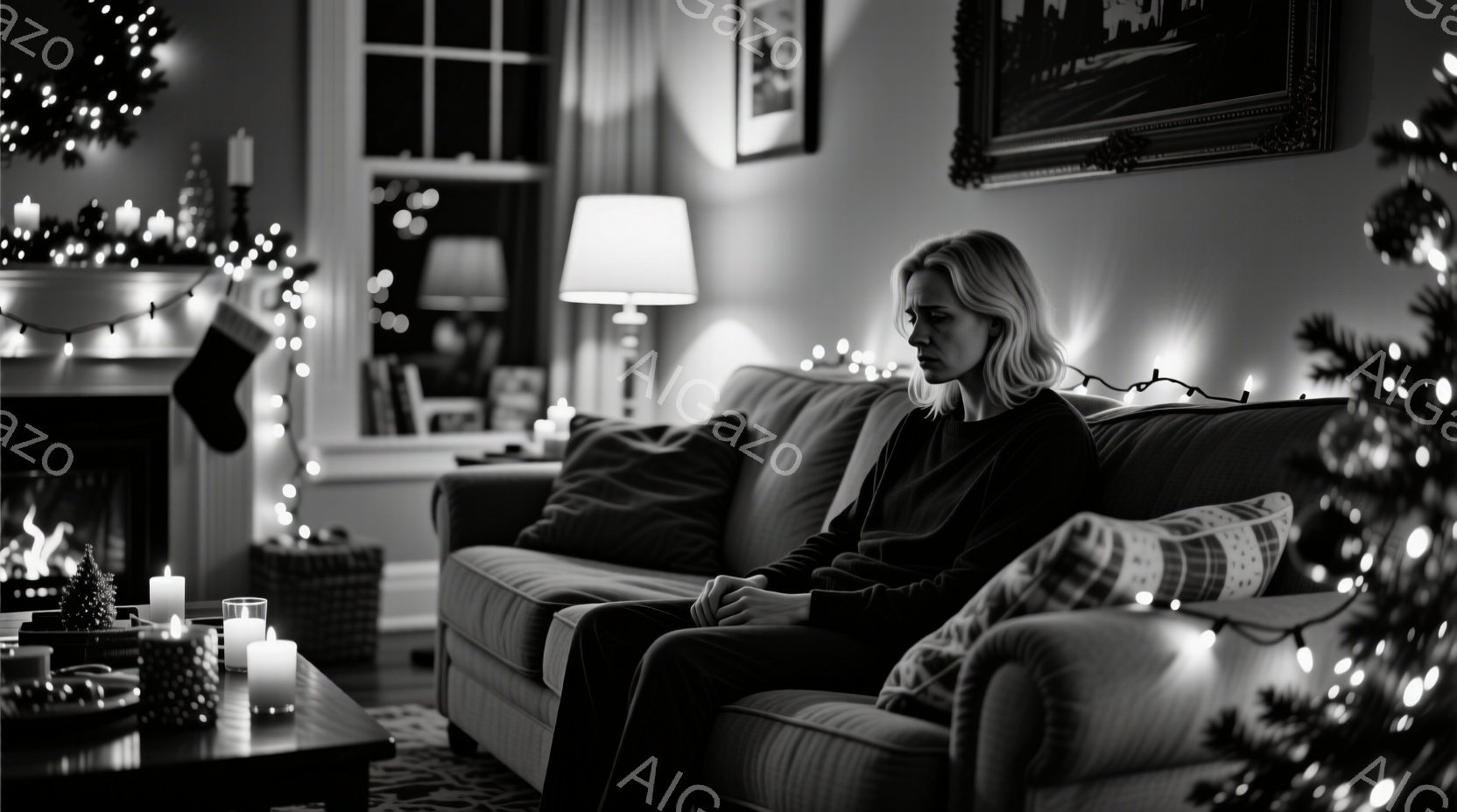 長いブロンドの髪をした女性が、灰色がかったソファに座って何か考え込んでいる様子が描かれている。彼女は黒い服を着ており、表情は憂鬱で、何か悲しんでいるか、疲れているかのようだ。背景にはクリスマスの飾り付けが施された暖炉と、点在するキャンドルがあり、全体的に寂しげで内省的な雰囲気が漂っている。