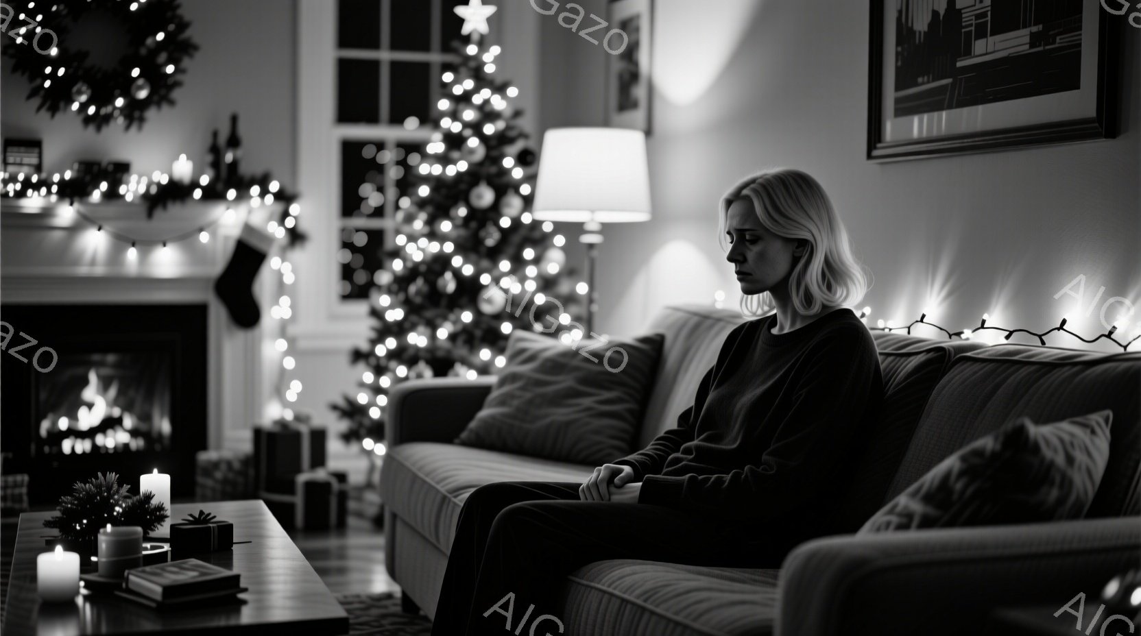 女性は灰色のソファに座っており、黒いセーターとズボンを身に着けています。彼女は少し下を向き、憂鬱そうな表情を浮かべています。背景には、クリスマスツリー、暖炉、そしてキャンドルが置かれたテーブルがあり、 - AI生成フリー素材