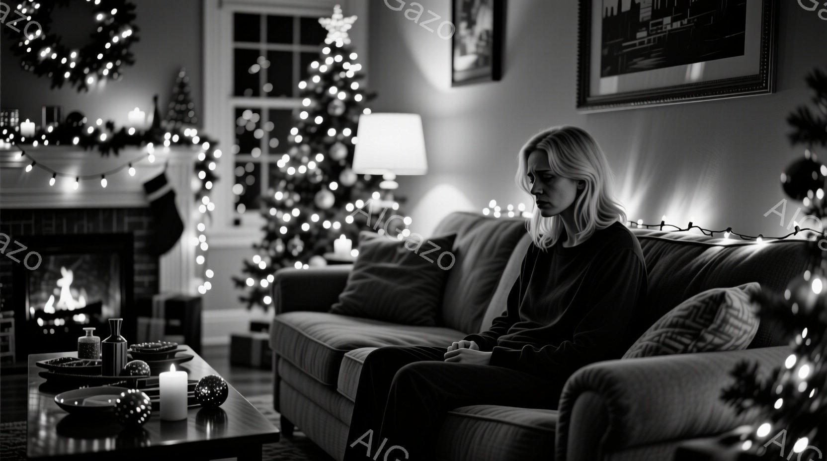 暖炉のあるリビングルームで、ブロンドの女性がソファに座り、憂鬱そうな表情を浮かべている。彼女はグレーのセーターを着ており、髪は肩まで伸びている。背景にはクリスマスツリーやオーナメントが飾られ、暖かく、しかしどこか寂しげな雰囲気が漂っている。