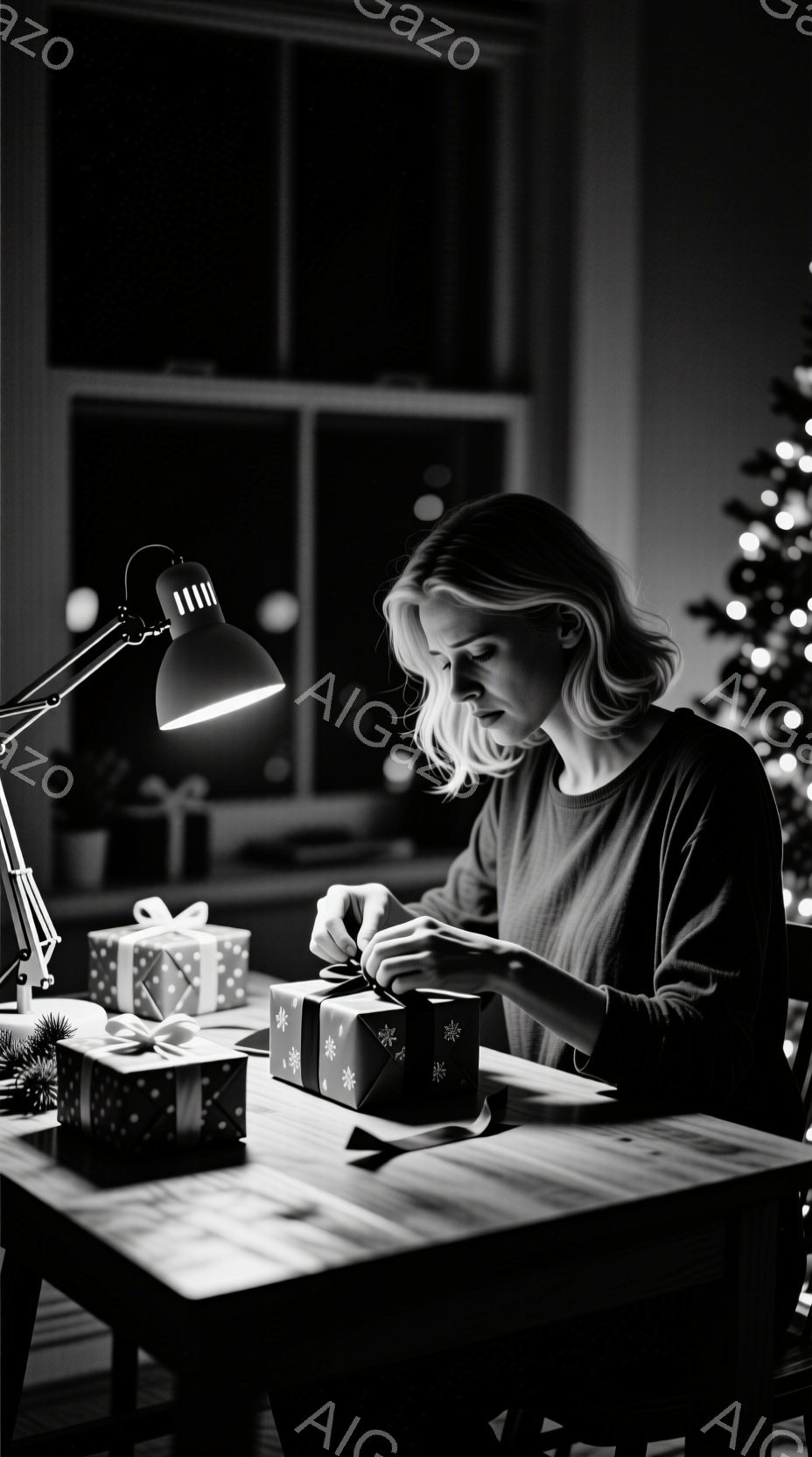 室内で女性がプレゼントのラッピングをしている写真です。彼女は濃いグレーのセーターを着て、ゆるくウェーブした髪型をしており、真剣な表情で立方体のギフトボックスを組み立てています。背景にはクリスマスツリーのぼんやりとした光と、窓の外の暗い夜景が見え、全体的に穏やかで静謐な雰囲気が漂っています。