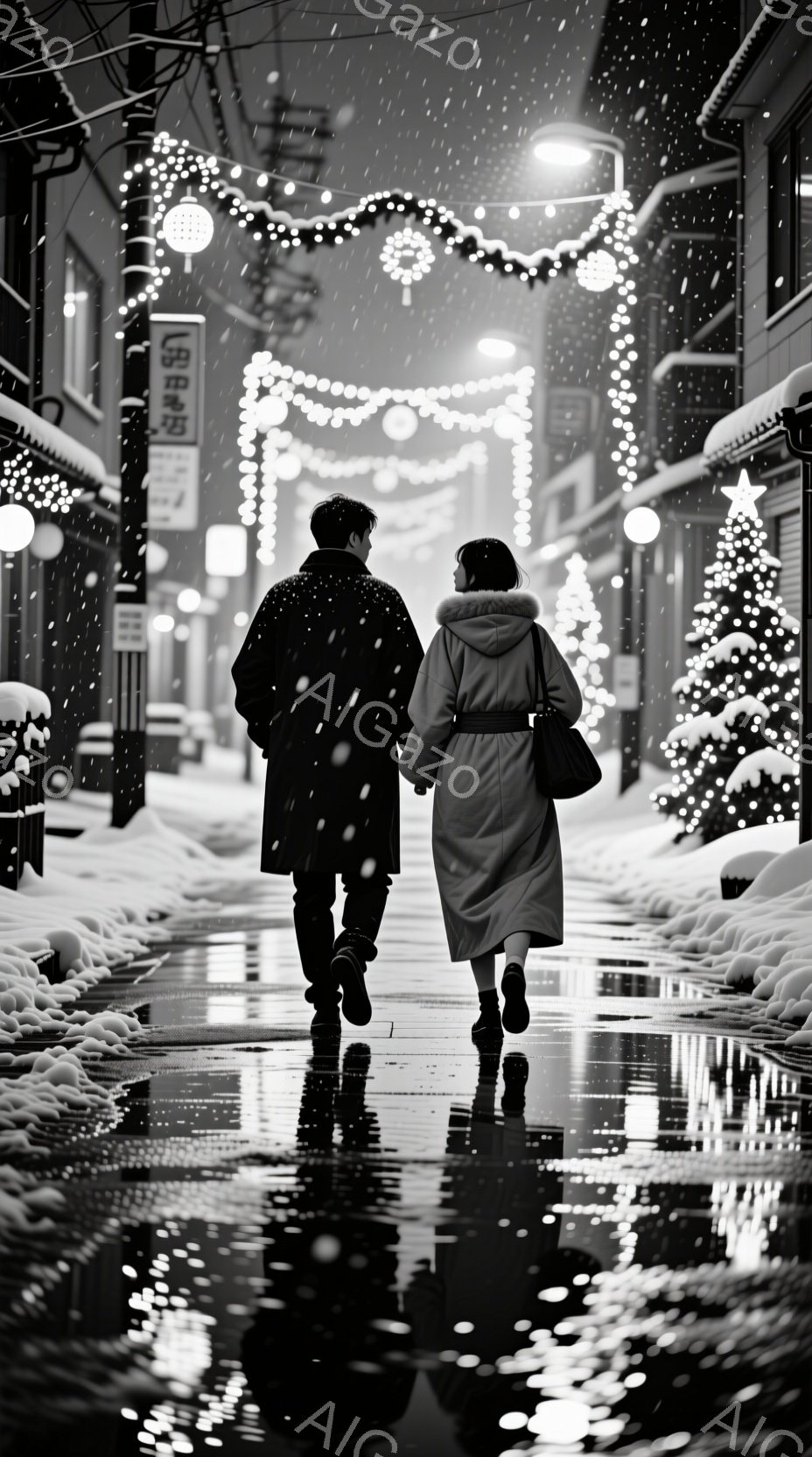 雪が舞う夜の街を、後ろ姿の男女が歩いている。男性は黒いコート、女性は白いロングコートを着用し、足元は濡れた石畳の道で水面が反射している。背景にはクリスマスのイルミネーションと飾られたクリスマスツリーが - AI生成フリー素材