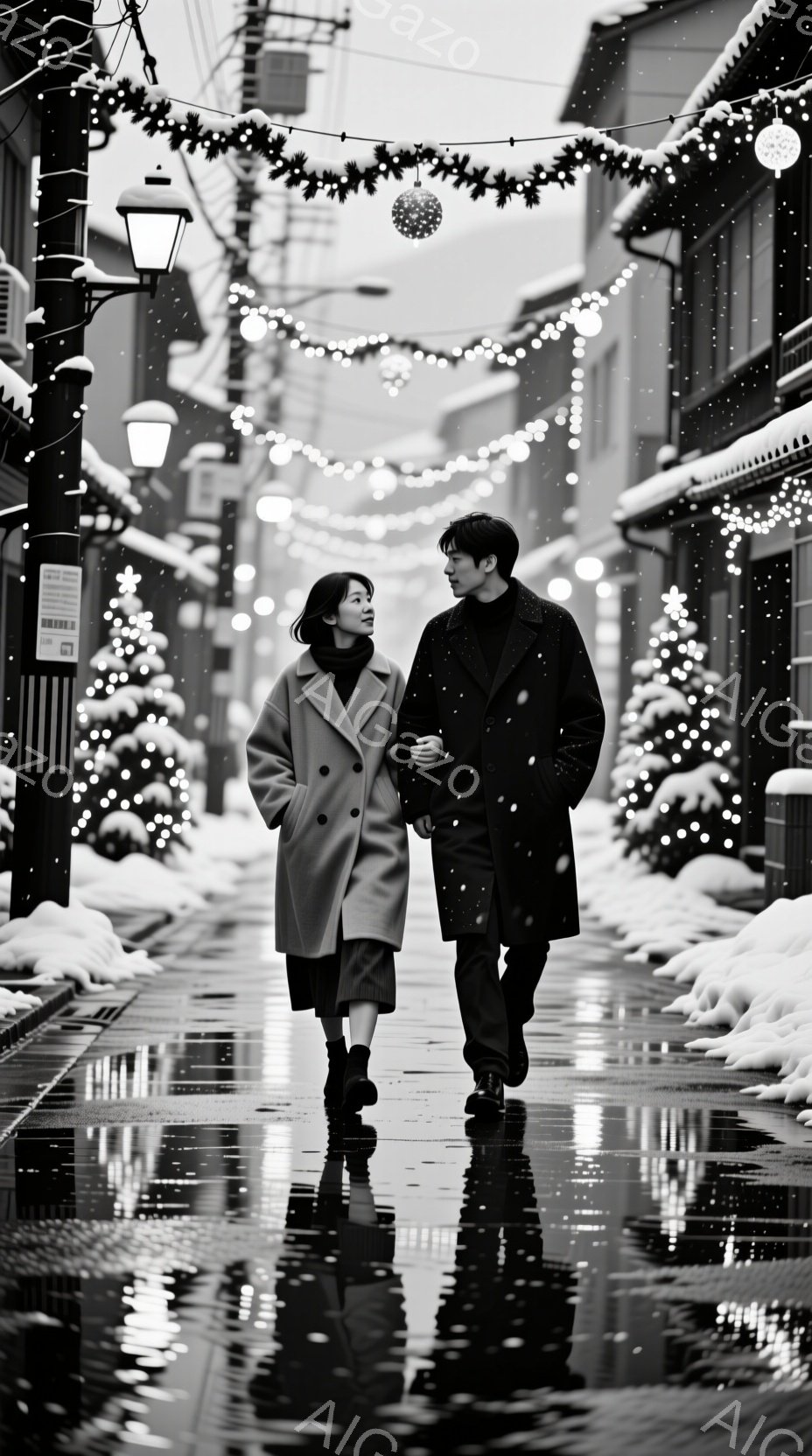雪が降る街並みを、若い男女が手をつないで歩いている。女性は膝丈のグレーのコートに黒いスカート、ダークブラウンのストレートヘアで、穏やかな表情をしている。男性は黒いコートとパンツで、少し後ろを歩きながら - AI生成フリー素材