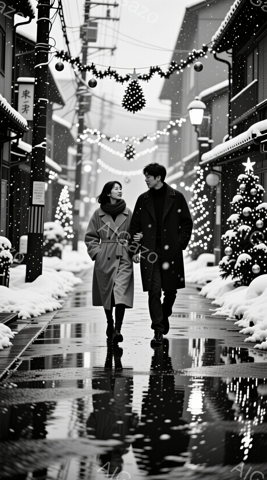 雪が降る街並みを、若い男女が手をつないで歩いている。女性は明るいベージュ色のコートを着ており、黒髪を肩まで伸ばしている。男性は黒いコートとパンツで、落ち着いた表情で女性を見つめている。 - AI生成フリー素材