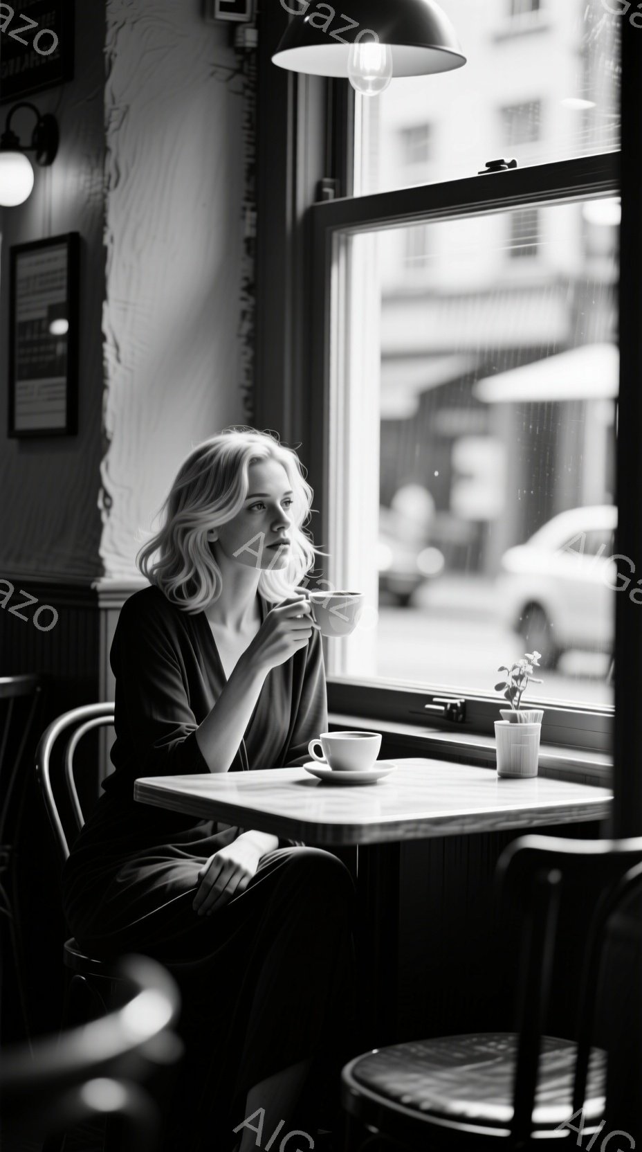 白い髪を肩まで伸ばした女性が、窓際のテーブルでカップを持って何かを考えているように見える。黒いワンピースを着ており、少し憂いのある表情で、部屋の隅には植物が飾られている。窓の外には建物が見え、全体的に - AI生成フリー素材