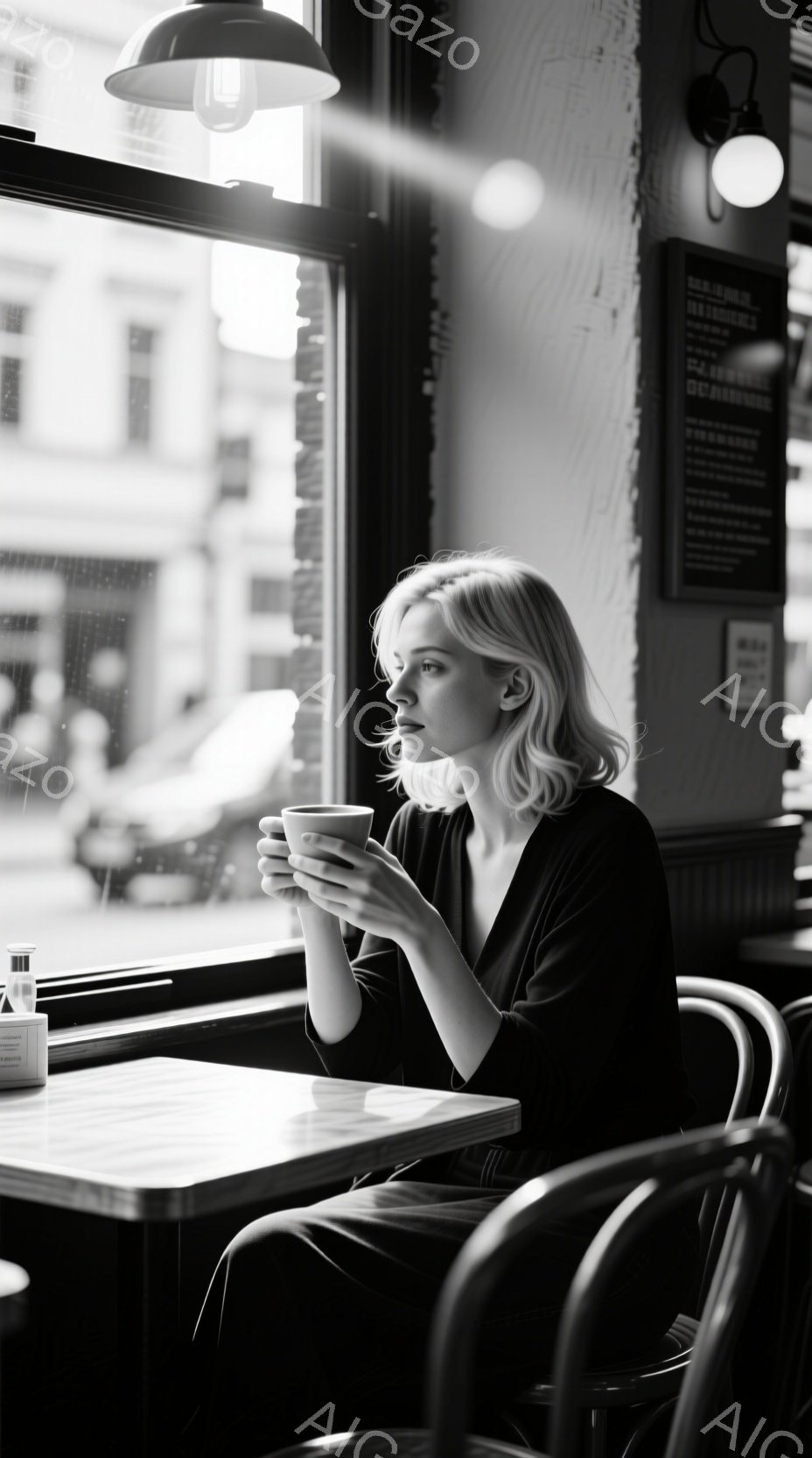 金髪の女性がカフェの窓際に座り、カップを持って何かを考えているように見える。彼女は黒い服を着ており、髪は肩のあたりでカールしている。窓の外は雨が降っており、ぼやけた街並みが背景に見えるため、少し憂鬱で - AI生成フリー素材