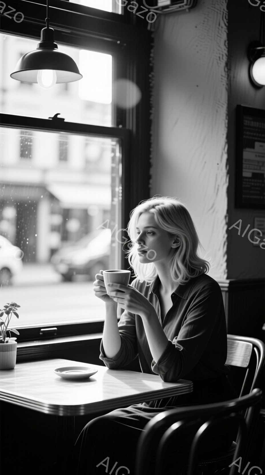 金髪の女性がカフェの窓際の席に座り、カップを両手で抱えて何かを考えているようだ。彼女はダークカラーのシャツを着ており、少し物憂げな表情をしている。窓の外には雨が降っており、ぼやけた街並みが広がり、全体 - AI生成フリー素材