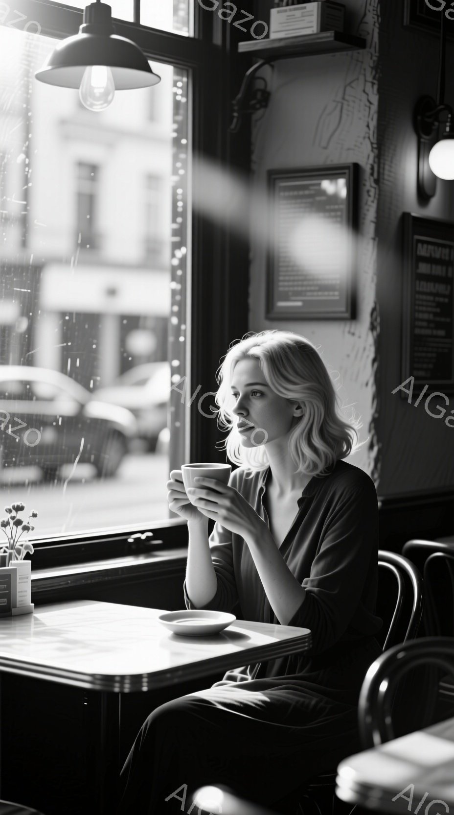 白黒写真の中で、金髪の女性がカフェの窓辺に座り、カップを手に思索にふけっています。彼女はダークトーンの服を着ており、髪はふんわりとカールしています。窓の外は雨が降っており、ぼやけた街並みが彼女の横顔を際立たせています。