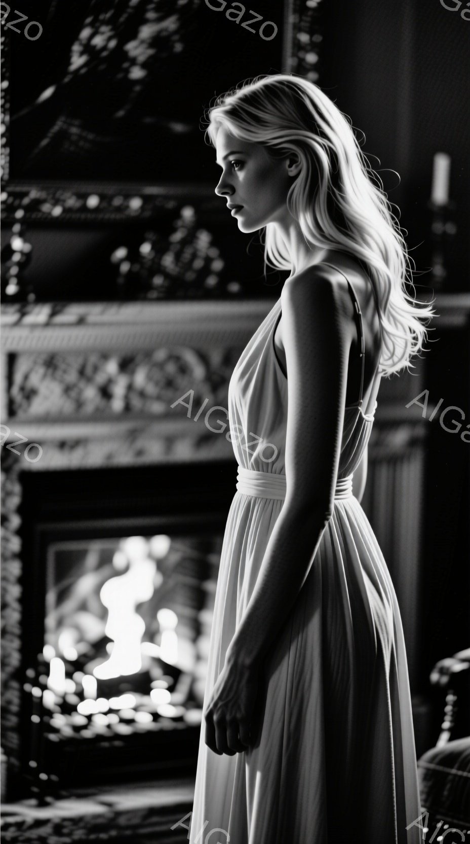 長いブロンドの髪をした女性が、薄い色のロングドレスを着て横向きに立っている。彼女は少し悲しげな表情で遠くを見つめており、背景にはぼやけた暖炉が見える。全体的に、物憂げでノスタルジックな雰囲気が漂っている。