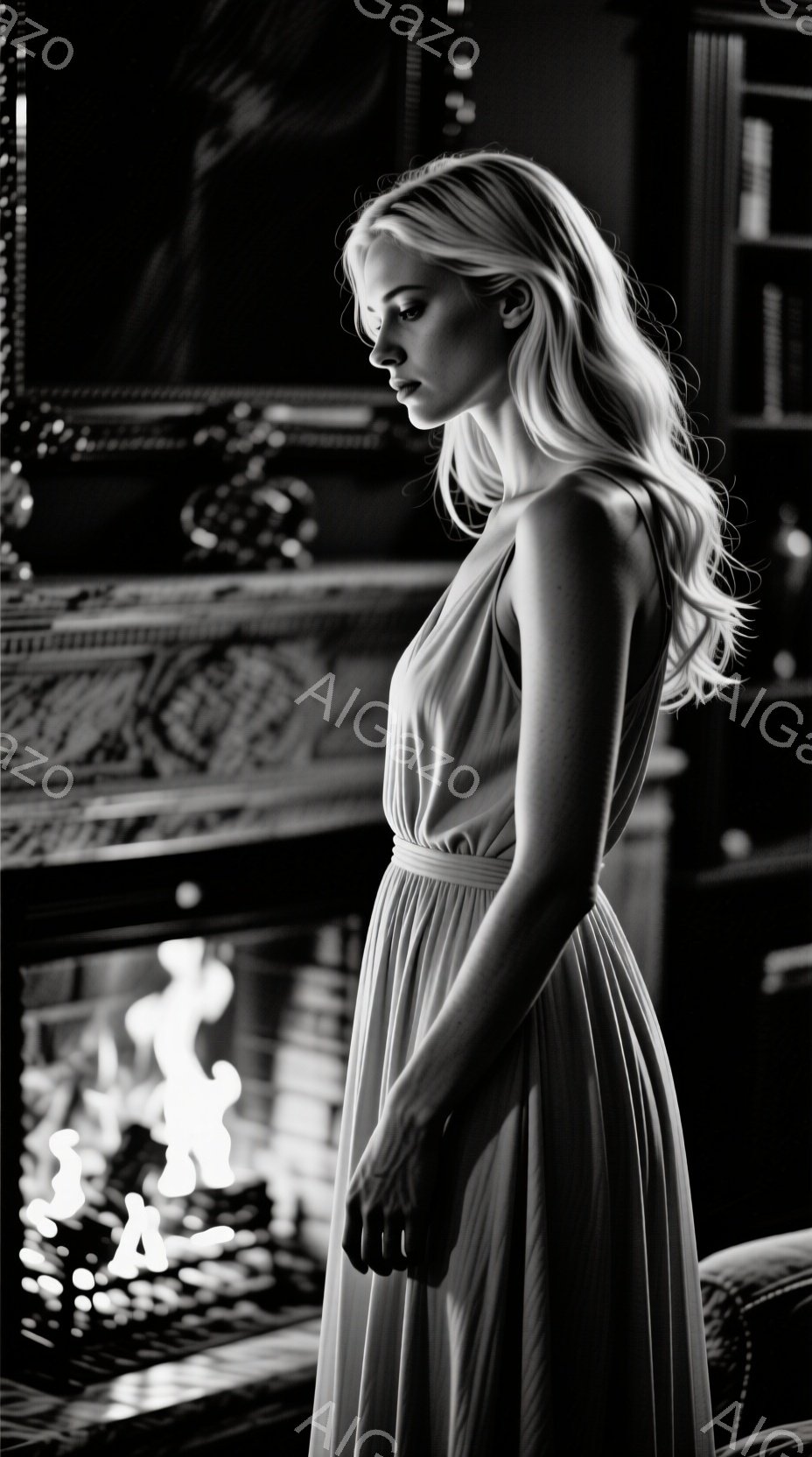 長いブロンドの髪をした女性が、薄手のグレーのドレスを着て、横向きに立っている。彼女はやや下を向き、憂いを帯びた表情を浮かべている。背景には暖炉と装飾的な建築様式が確認でき、全体的に落ち着いた雰囲気であ - AI生成フリー素材