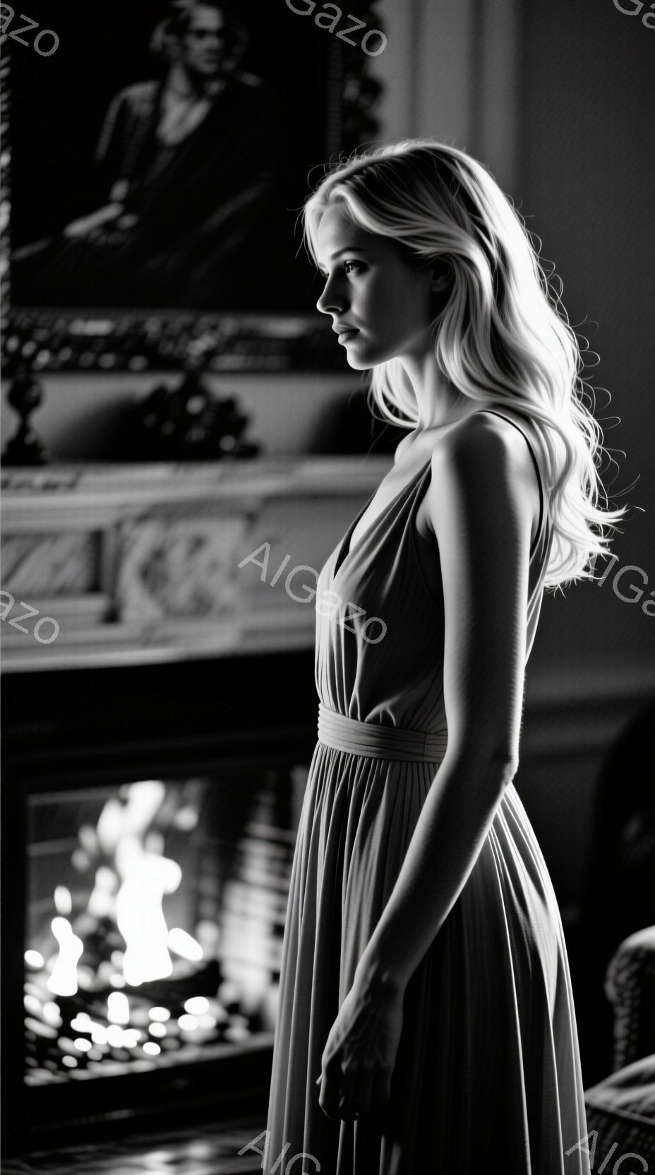 長いブロンドの髪を後ろに流した女性が、深いVネックのドレープドレスを着て立っています。彼女は横顔で、憂いを帯びた表情をしており、まるで過去を振り返っているかのようです。背景には暖炉があり、暗い室内には古典的な絵画や装飾が見られ、全体的にノスタルジックでメランコリックな雰囲気が漂っています。