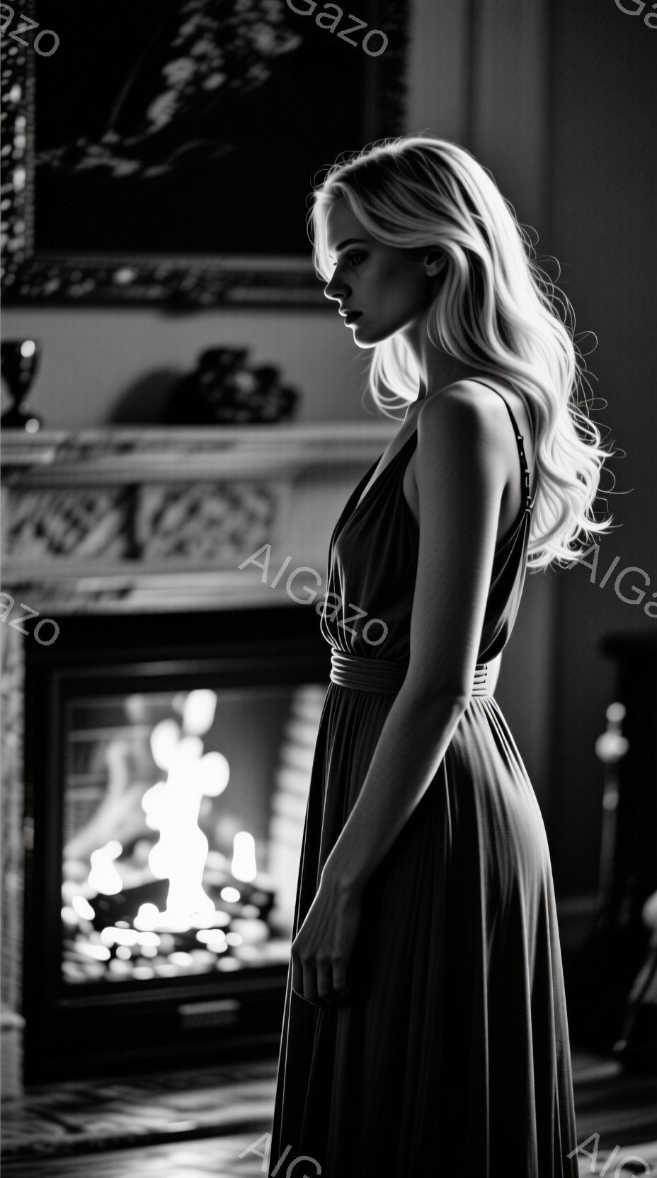 長い巻き毛の金髪女性が、深い緑色のストラップレスのロングドレスを着て、横を向いて立っている。彼女は少し憂いを帯びた表情で、まるで何かを深く考えているかのように見える。背景には暖炉があり、炎の光が彼女のシルエットを照らし出し、クラシカルで落ち着いた雰囲気を醸し出している。