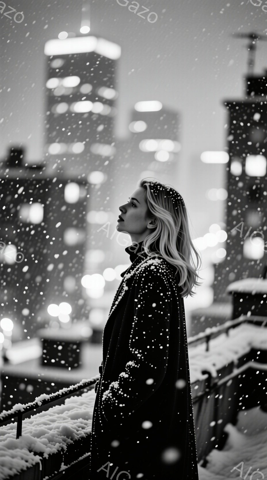 雪が降る夜の街並みを背景に、女性が立っている姿が捉えられています。彼女は黒いコートを着ており、金髪を肩まで伸ばしたヘアスタイルで、横顔を見せています。背景には、光る高層ビル群がぼやけ、雪の舞う幻想的な雰囲気を醸し出しています。