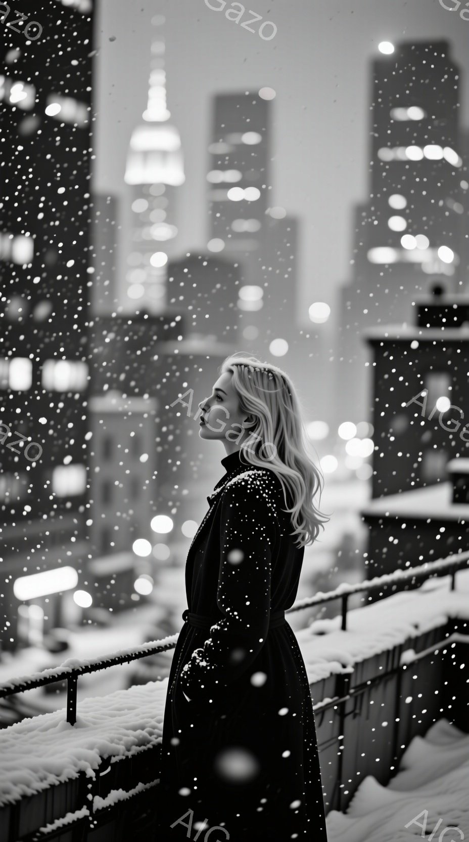 明るい金髪の女性が黒いロングコートを着て、横顔を見せて立っている。彼女は雪が舞う夜の高層ビル群を背景に、少し物憂げな表情で遠くを見つめている。周囲は雪景色で、建物からの光がぼんやりと輝き、冬の寂しげな - AI生成フリー素材