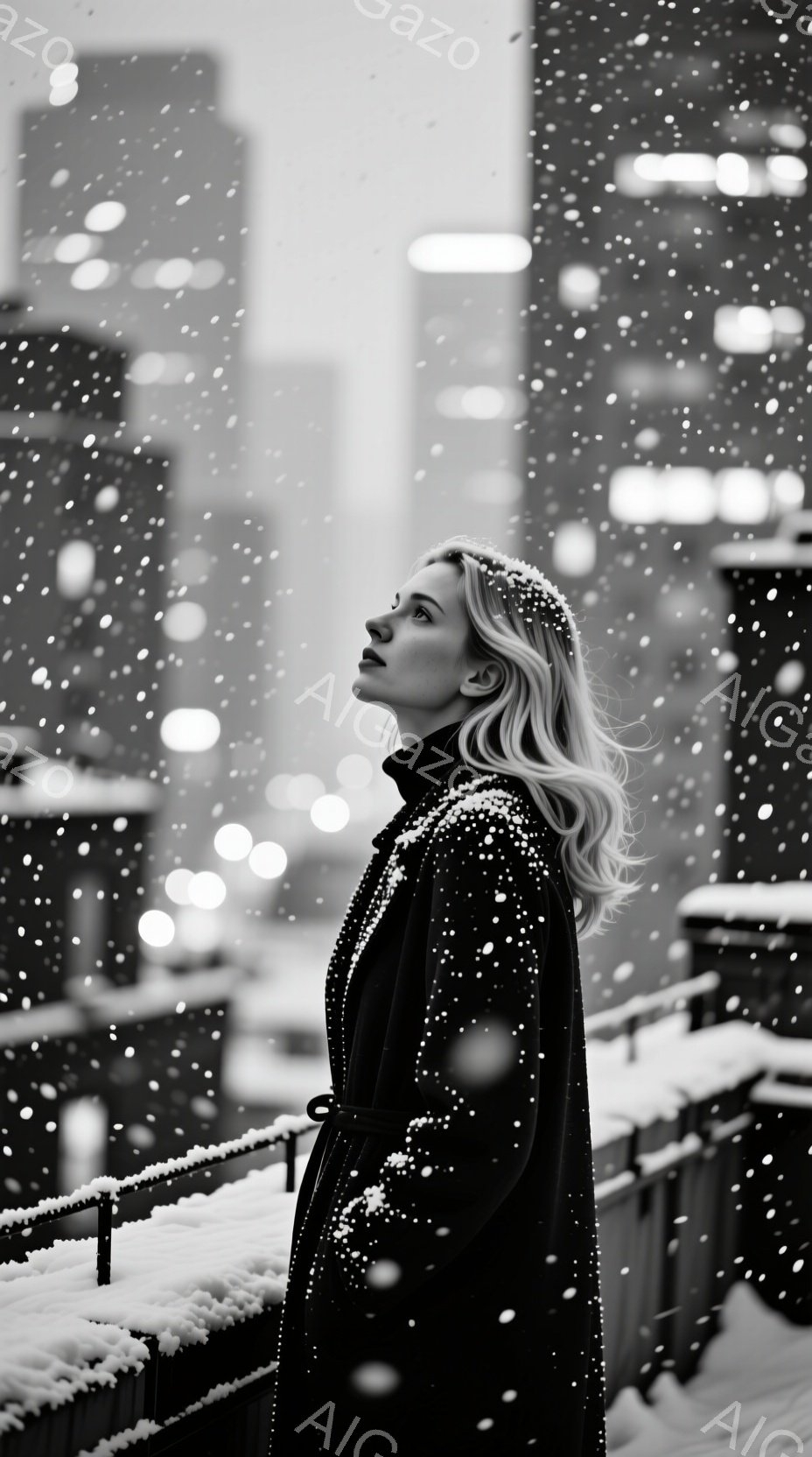 長いブロンドの髪を肩にかけた女性が、黒いコートを着て、少し上を見ている。背景には雪が降り積もり、高層ビル群がぼんやりと見える。全体的に、冬の都会の静かでメランコリックな雰囲気が漂っている。 - AI生成フリー素材