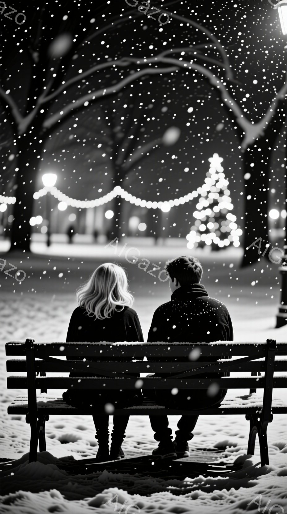 雪が降る夜、公園のベンチに寄り添って座る男女が描かれている。女性は明るい髪で、黒いコートを着ている。背景には、イルミネーションで飾られた木々と、ぼんやりとした街灯が見え、静かでロマンチックな雰囲気を醸 - AI生成フリー素材