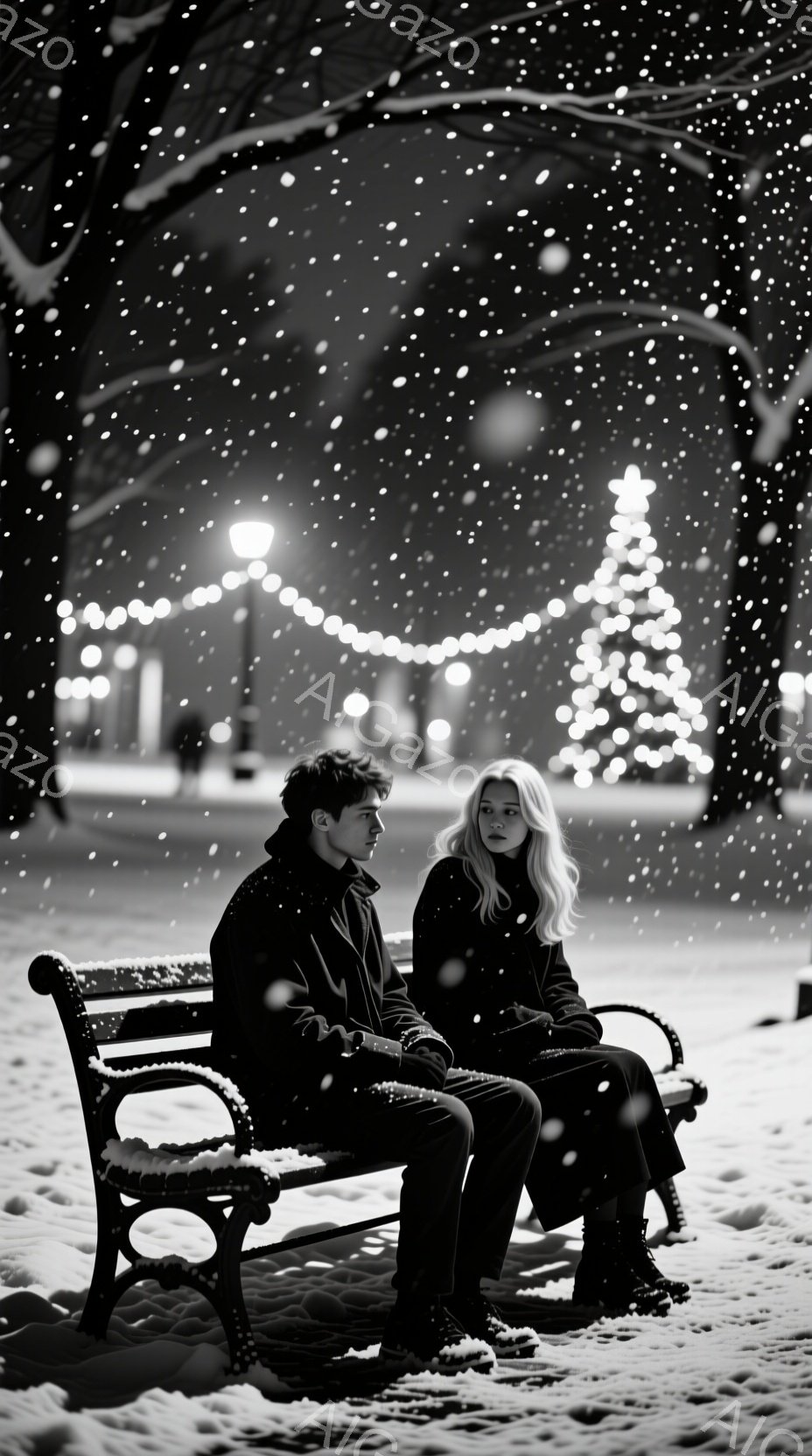 雪が降る中、公園のベンチに若い男女が並んで座っている。男性は黒いコートとブーツを着用し、少しうつむき加減で、女性は白い髪を肩まで伸ばし、黒いコートを着て物憂げな表情をしている。背景には、イルミネーショ - AI生成フリー素材