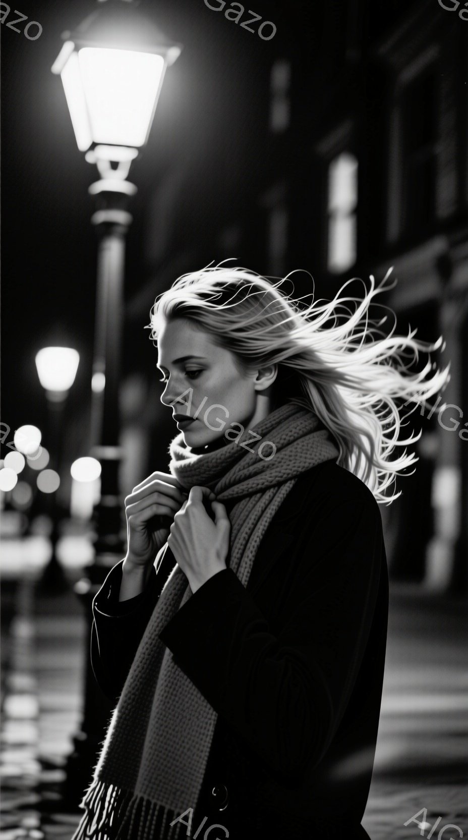 長いブロンドの髪が風になびき、黒いコートと厚手のニットのショールを身に着けた女性が描かれている。彼女は体を少し丸め、ショールを抱きしめるようにして寒さをしのいでいる様子で、憂いを帯びた表情をしている。 - AI生成フリー素材