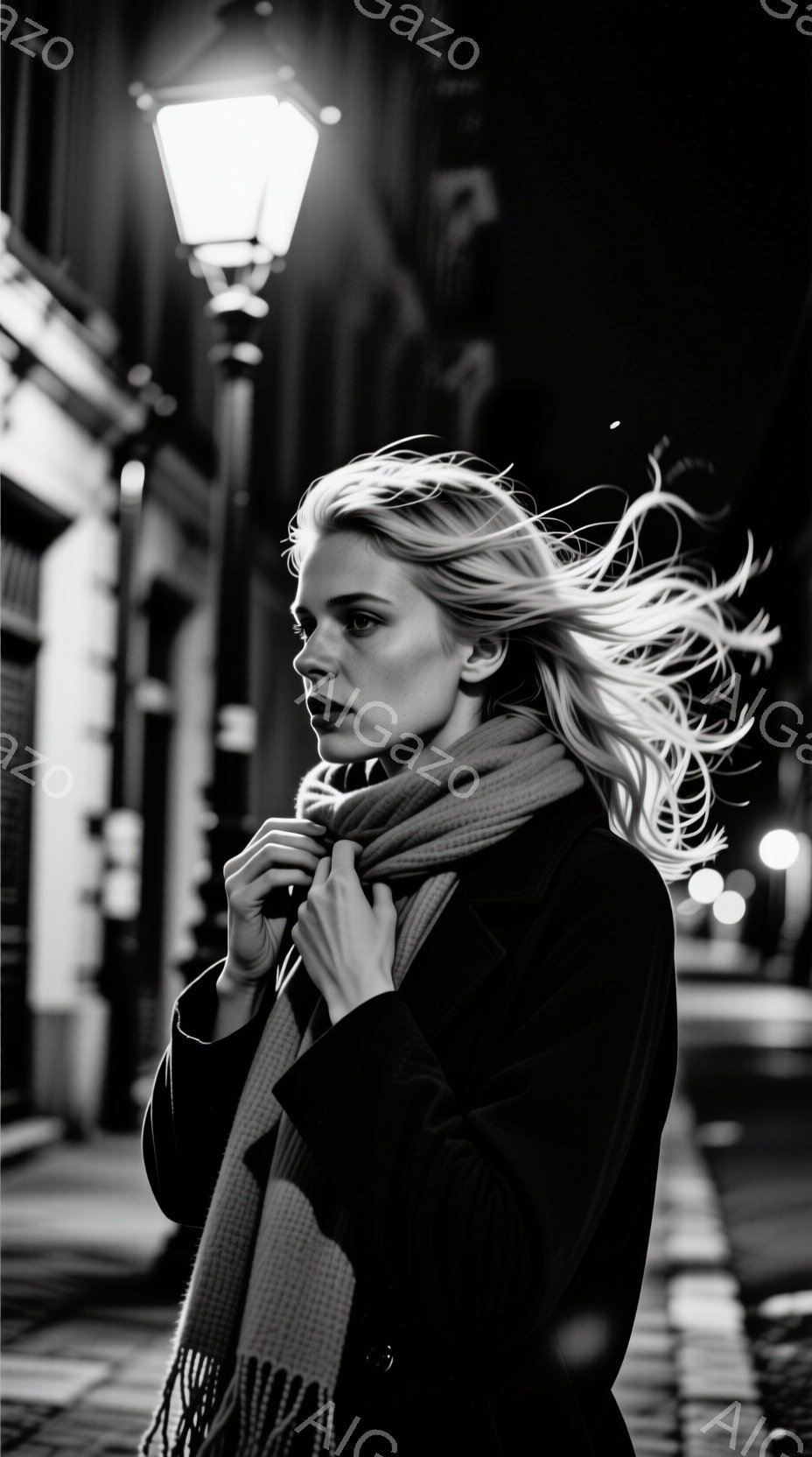 長い金髪が風になびき、黒いコートと縞模様のショールを身につけた女性が写っている。彼女は少し横を向き、憂いを帯びた表情で何かを考えているようだ。背景には、ぼやけた街並みと街灯が見え、夜の冷たい空気と少し - AI生成フリー素材