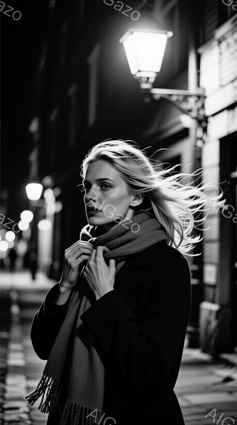 金髪の女性が、黒いコートと巻き上げられたスカーフを身に着け、風に吹かれながら立っている。彼女は少し厳しい表情で、カメラの方をわずかに見つめている。背景には夜の街並みと、ぼんやりとした街灯が見え、全体的に寒く、少し寂しげな雰囲気を醸し出している。