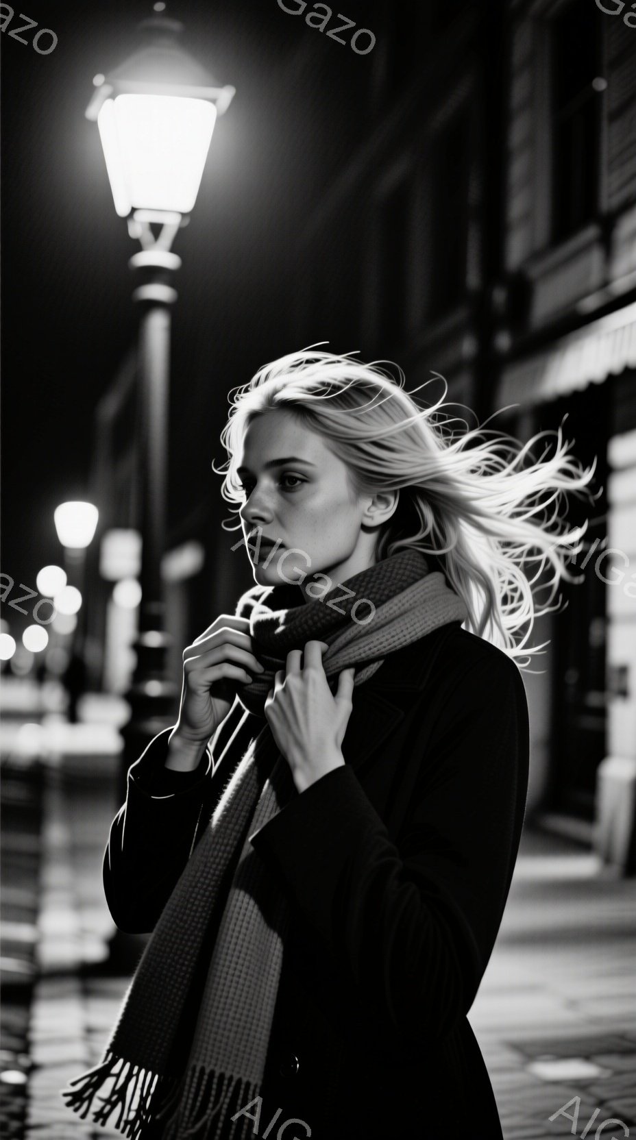 長いブロンドの髪が風になびき、黒いコートとチェック柄のマフラーを身に着けた女性が写っている。彼女はわずかに横を向き、片手でマフラーを掴み、憂いを帯びた表情で遠くを見つめている。背景には夜の街並みとぼん - AI生成フリー素材