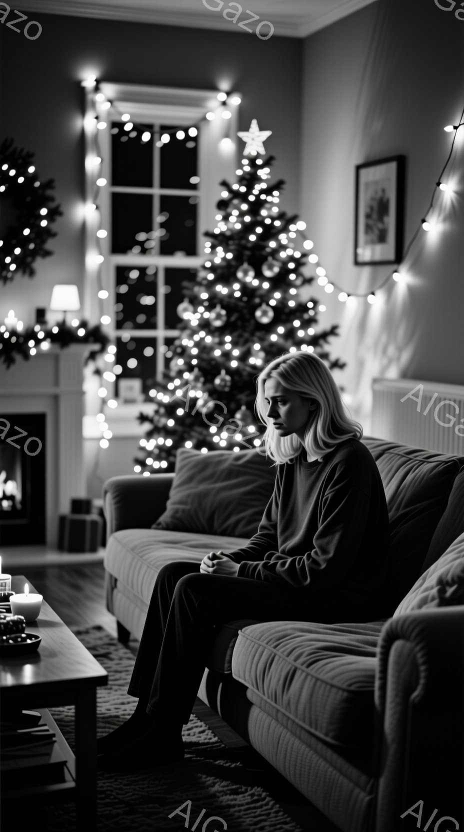 室内にはクリスマスツリーが飾られ、女性がソファに座って何かを手に持っています。彼女はダークトーンの服装で、髪は肩まで伸びたブロンドヘアです。全体的に、暖かく落ち着いた、やや物憂げな雰囲気が漂っています。