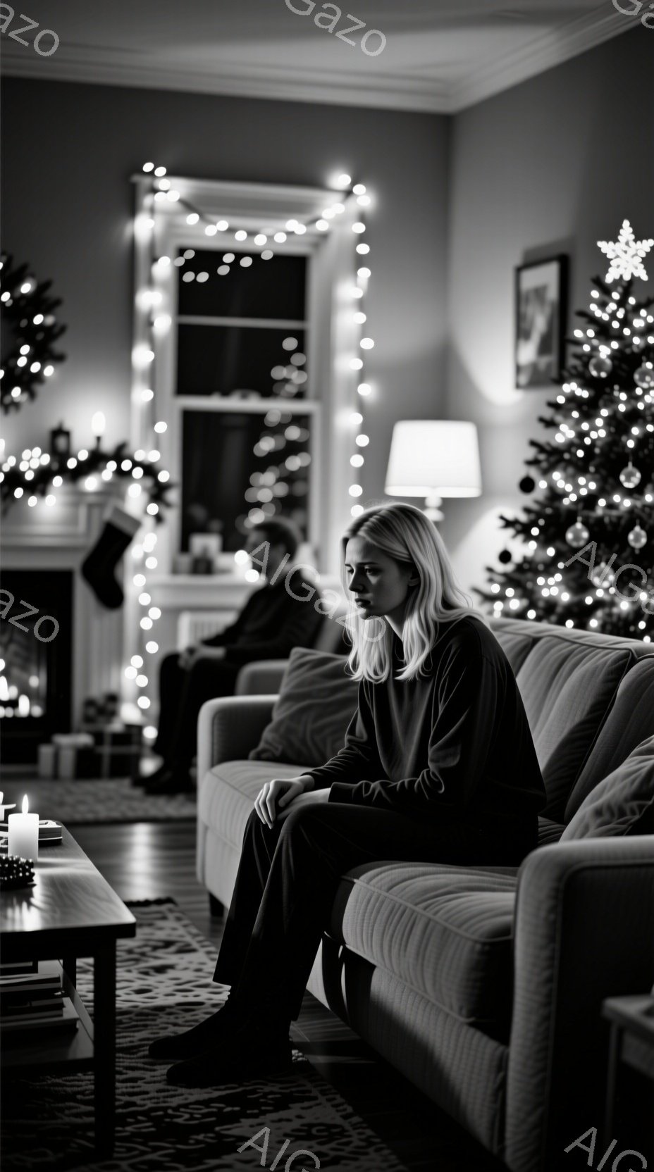 温かい光に包まれたリビングルームで、女性がソファに座って何かを見つめている。彼女はダークグレーのゆったりとしたセーターとパンツ姿で、髪は肩まで伸ばして少し無造作にまとめられている。背景にはクリスマスツ - AI生成フリー素材