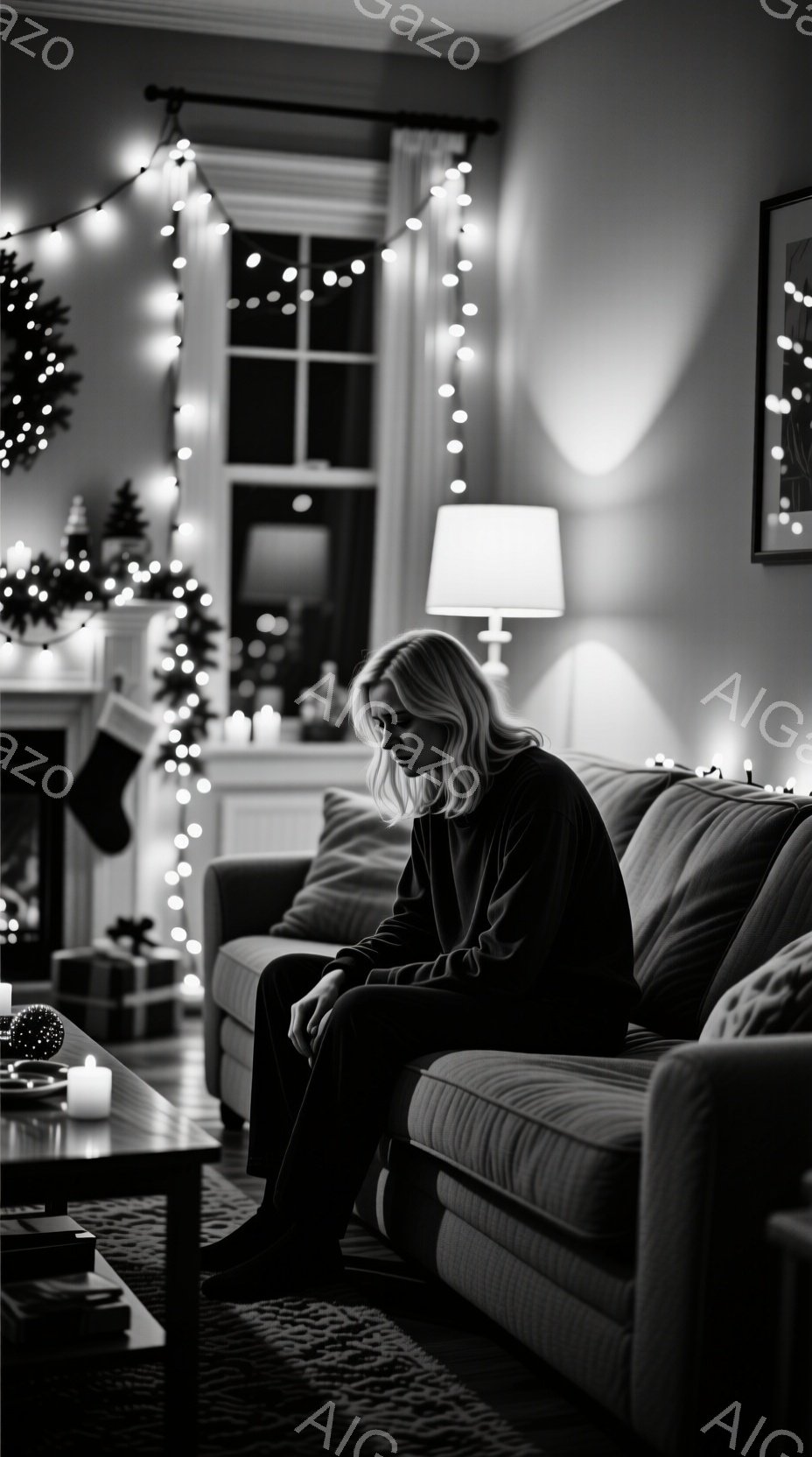 ソファに座っている女性は、黒いスウェットのような服を着ており、金髪を無造作に垂らしています。彼女は少しうつむき加減で、どこか物憂げな表情を浮かべています。背景にはクリスマスツリーや暖炉、そして電飾が灯 - AI生成フリー素材