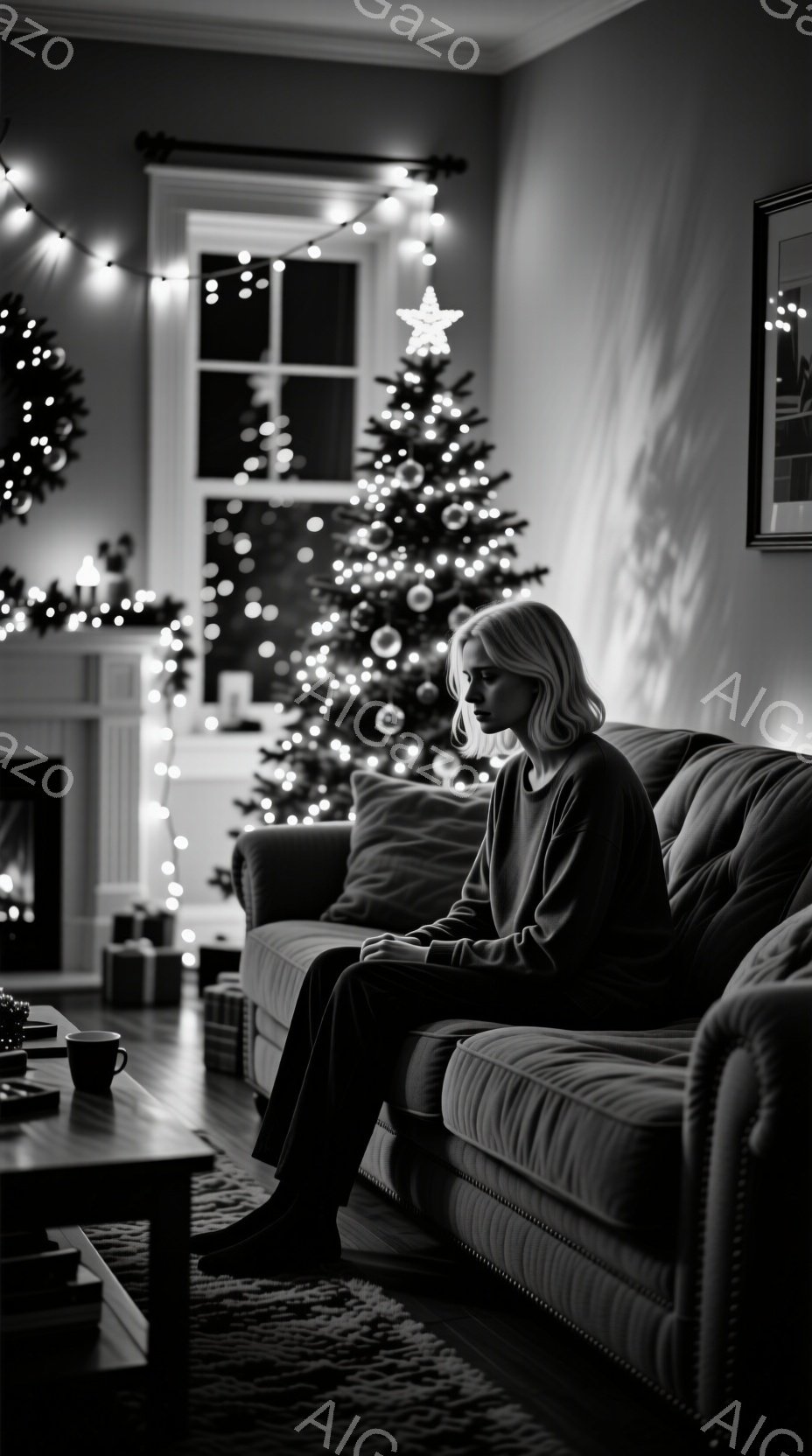 クリスマスツリーが飾られたリビングルームで、セーターとズボンを身に着けた女性がソファに座っている様子が写っています。彼女は少しうつむき加減で、何か考え込んでいるような表情をしています。背景には、点灯したイルミネーションやプレゼントが置かれた暖炉があり、全体的に静かで物憂げな雰囲気が漂っています。