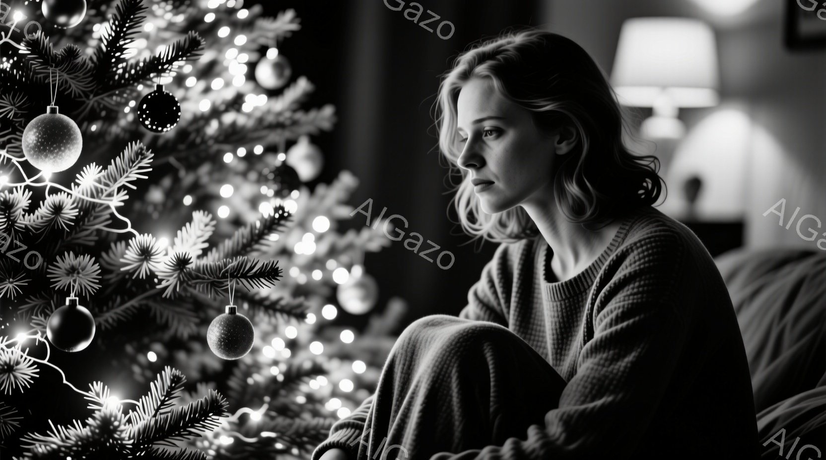 クリスマスツリーのそばで座っている若い女性が写っています。彼女はグレーのセーターを着ており、髪はゆるくカールしています。彼女の表情は少し憂鬱で、遠くを見つめており、全体的に物静かで内省的な雰囲気が漂っています。