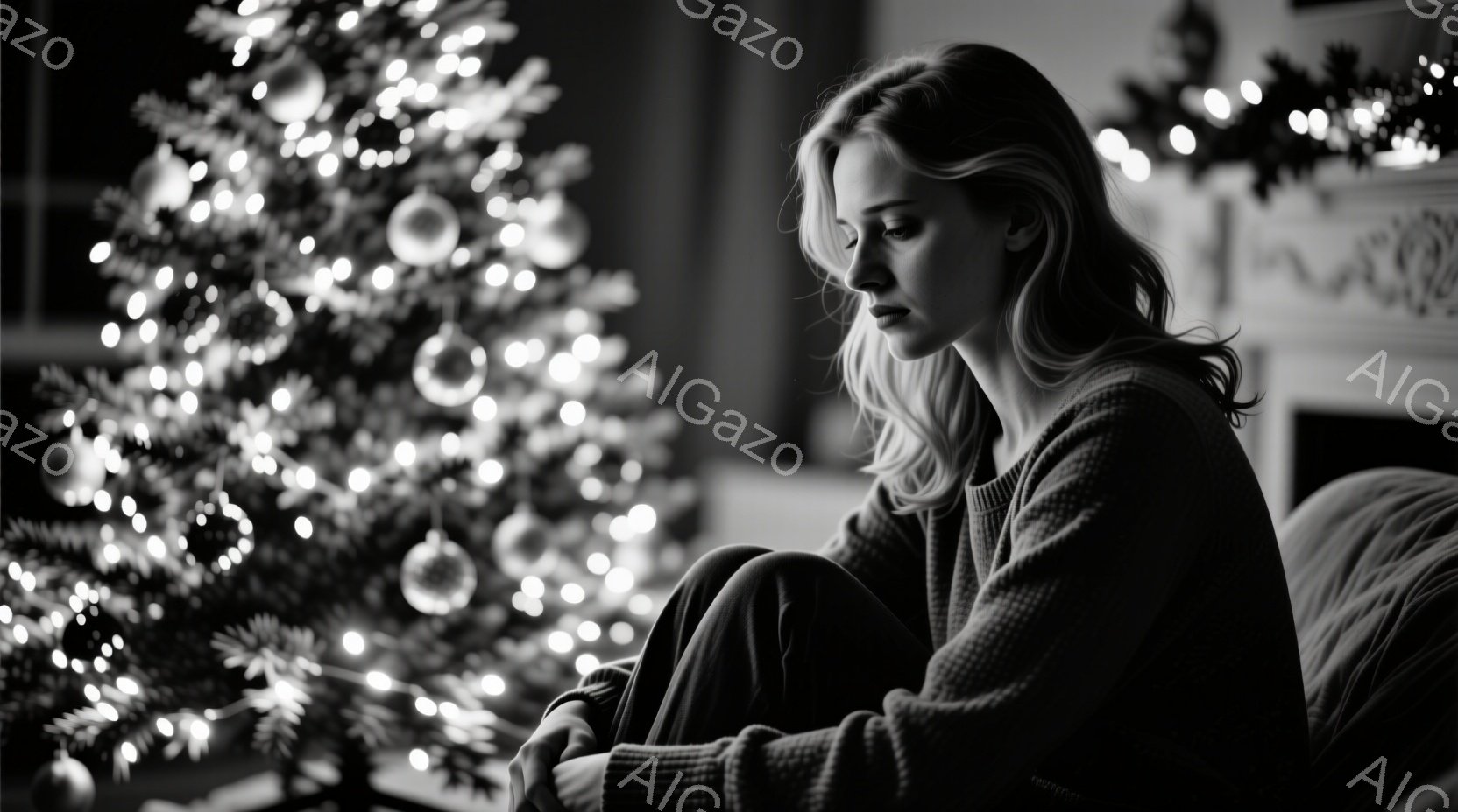 暖炉のそばで膝を抱え、どこか寂しげな表情をした女性が写っている。彼女はざっくりとしたセーターと濃い色のズボンを身につけ、ゆるく巻いたロングヘアが肩にかかっている。背景には、温かい光を放つクリスマスツリーと、暖炉のほのかな明かりがぼんやりと見える、静かで物憂げな雰囲気の写真である。