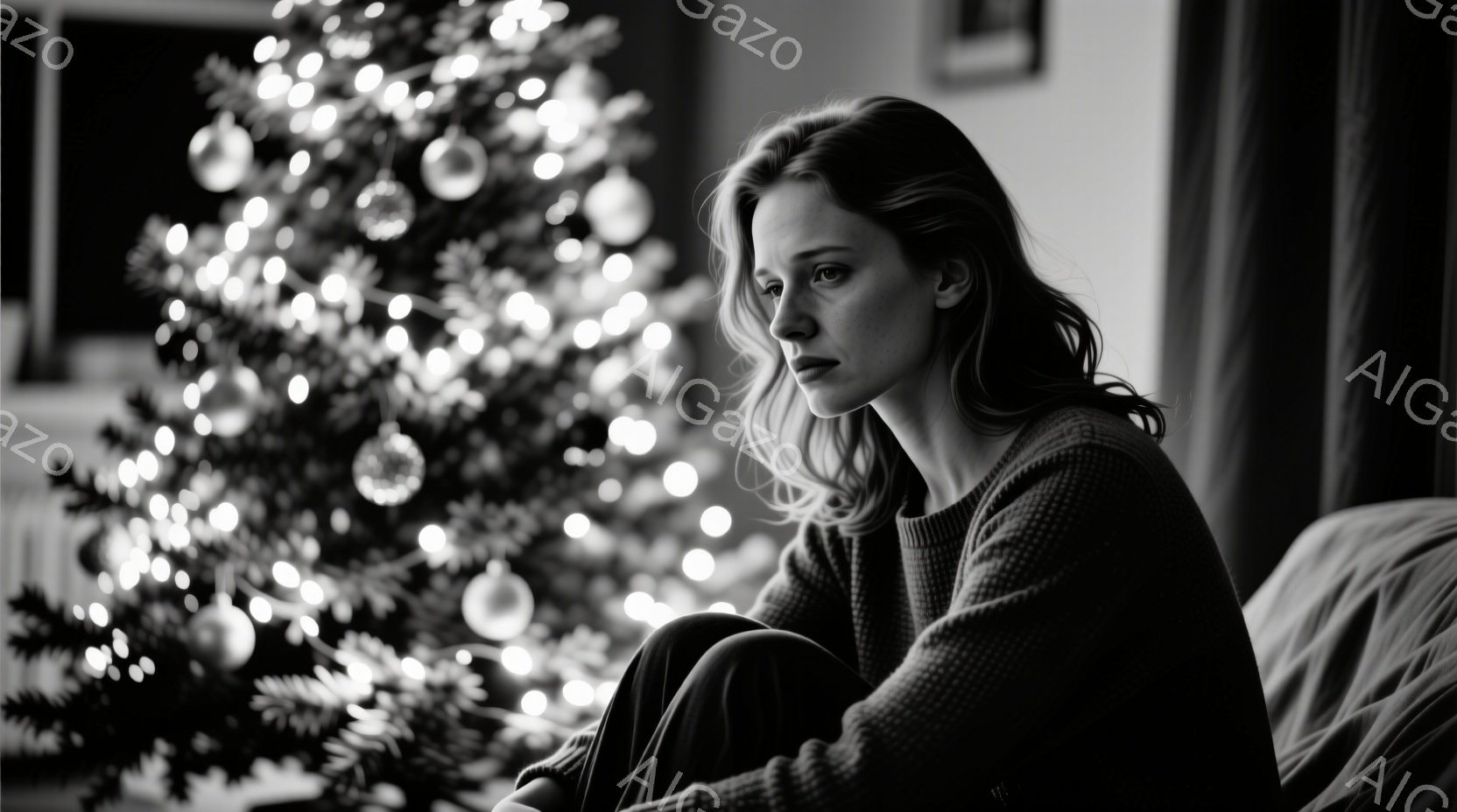 室内でクリスマスツリーを背景に女性が座っている。彼女は黒いセーターを着ており、髪は肩まで伸びたゆるいウェーブヘアである。憂鬱そうな表情をして、遠くを見つめている様子から、何かを深く考えているか、悲しんでいるように見える。