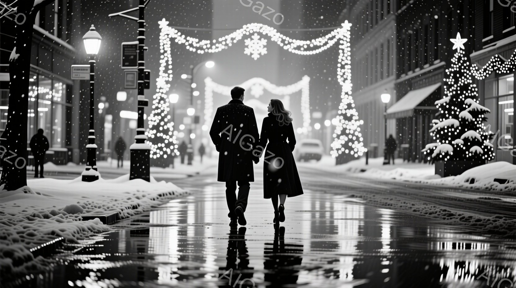 雪が降る夜の街並みを、黒いコートを着た男女が手をつないで歩いている。背景にはクリスマスツリーと輝くイルミネーションが飾られたアーチがあり、地面は雪と光の反射で濡れている。全体的にロマンチックで静謐な雰囲気が漂っている。