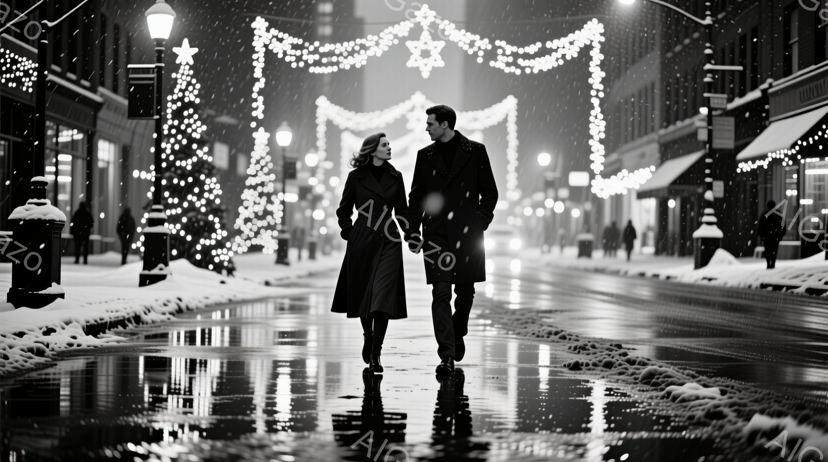 雪が降る夜の街並みを、コートを着た男女が並んで歩いている。女性はロングヘアで黒いコート、男性はダークカラーのコートを着ており、どちらも前を向いて少し微笑んでいるように見える。背景には、クリスマスイルミ - AI生成フリー素材
