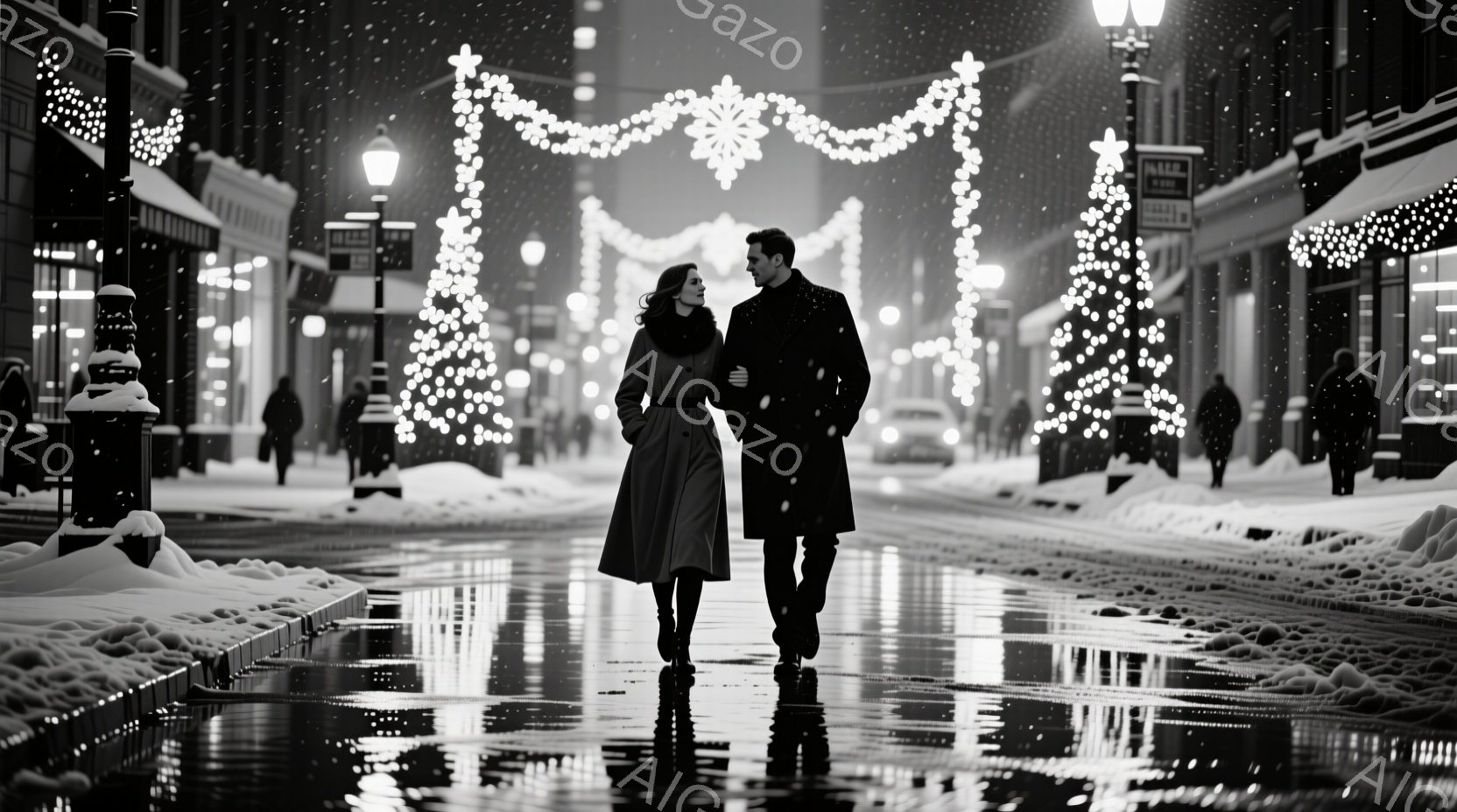 雪が降る夜の街並みを、一対の男女が寄り添って歩いている。女性は膝丈のダークグレーのコートを着用し、巻き毛の髪が肩にかかっている。男性は黒いコートとズボンで、二人は互いに腕を組み、暖かく親密な雰囲気を醸 - AI生成フリー素材