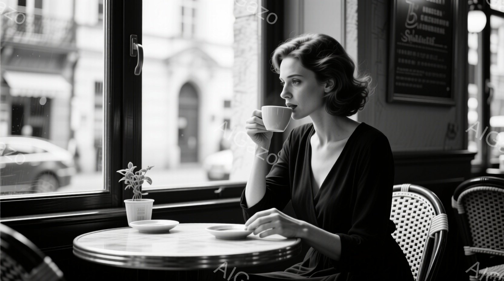 黒いドレスを着た女性がカフェの窓辺の席に座り、カップから何かを飲んでいます。彼女は髪を後ろにまとめ、少し憂いを帯びた表情で外を見つめており、姿勢はやや前かがみです。背景には建物や車が見え、窓の外は曇り空で、全体的に静かで内省的な雰囲気を醸し出しています。