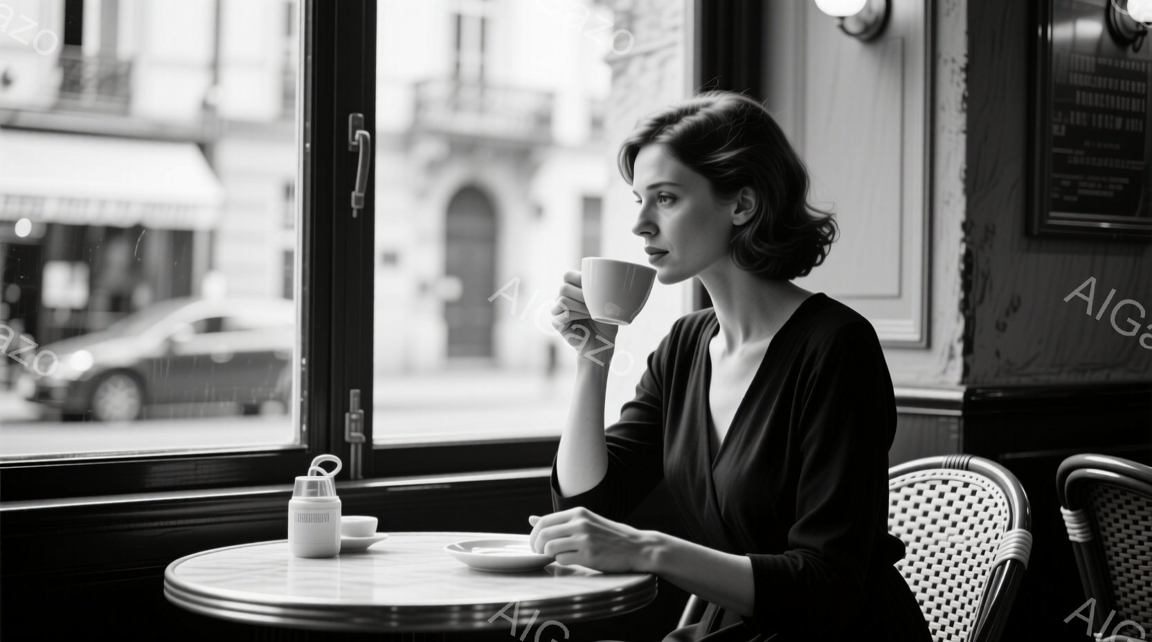 窓際のカフェでコーヒーを飲む女性が写っている。彼女は黒いシンプルなドレスを着ており、ダークトーンのゆるいウェーブヘアをしています。少し物憂げな表情で、外の風景を眺めている様子が、静かで内省的な雰囲気を - AI生成フリー素材