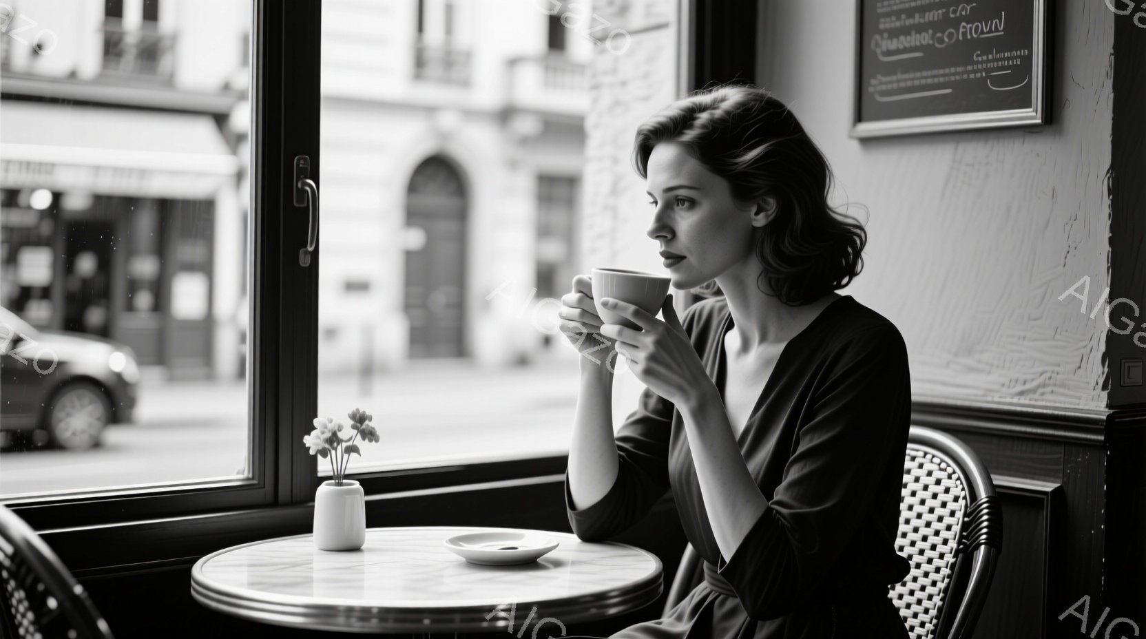 窓際のカフェで、落ち着いた表情でカップを持つ女性が描かれている。彼女はダークカラーの長袖ワンピースを着ており、髪はエレガントにカールされている。背景には、ぼやけた街並みと、屋根に雨粒が光る灰色の空が広がり、物静かで内省的な雰囲気を醸し出している。