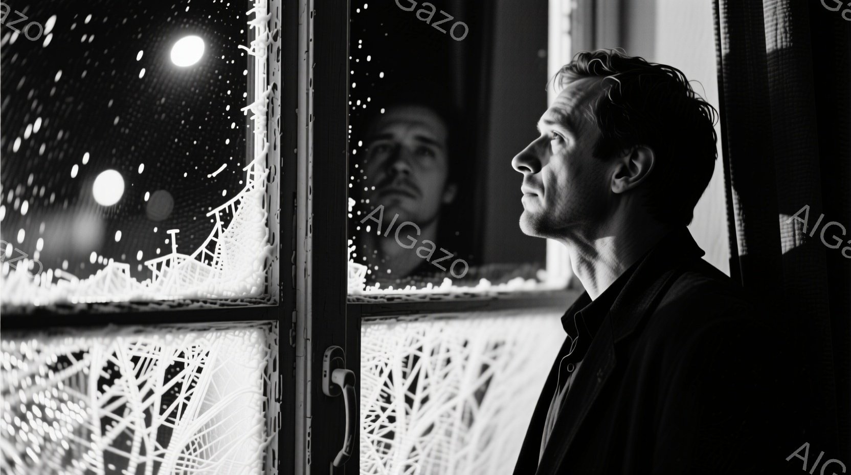 窓から外を見つめる男性を捉えている。彼は黒いジャケットを着ており、短く整えられた髪と、やや憂いを帯びた表情をしている。背景には、雪が降り積もる夜の街並みがぼんやりと見え、凍てつくような冬の夜の静けさと、男性の物思いにふける様子が伝わってくる。