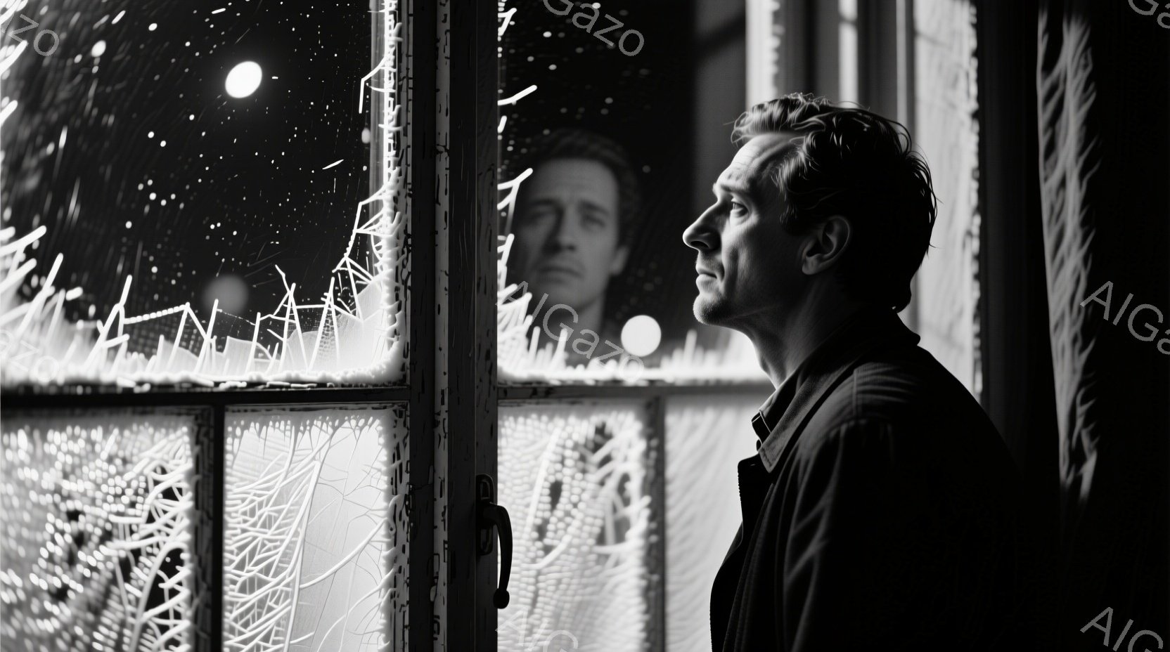 白黒写真では、男性が割れた窓ガラスを見つめている様子が描かれている。彼は黒いジャケットを着ており、横顔で憂いを帯びた表情をしている。背景にはぼやけた都市の夜景が広がり、雪が舞っているような天候が、寂しげな雰囲気を強調している。