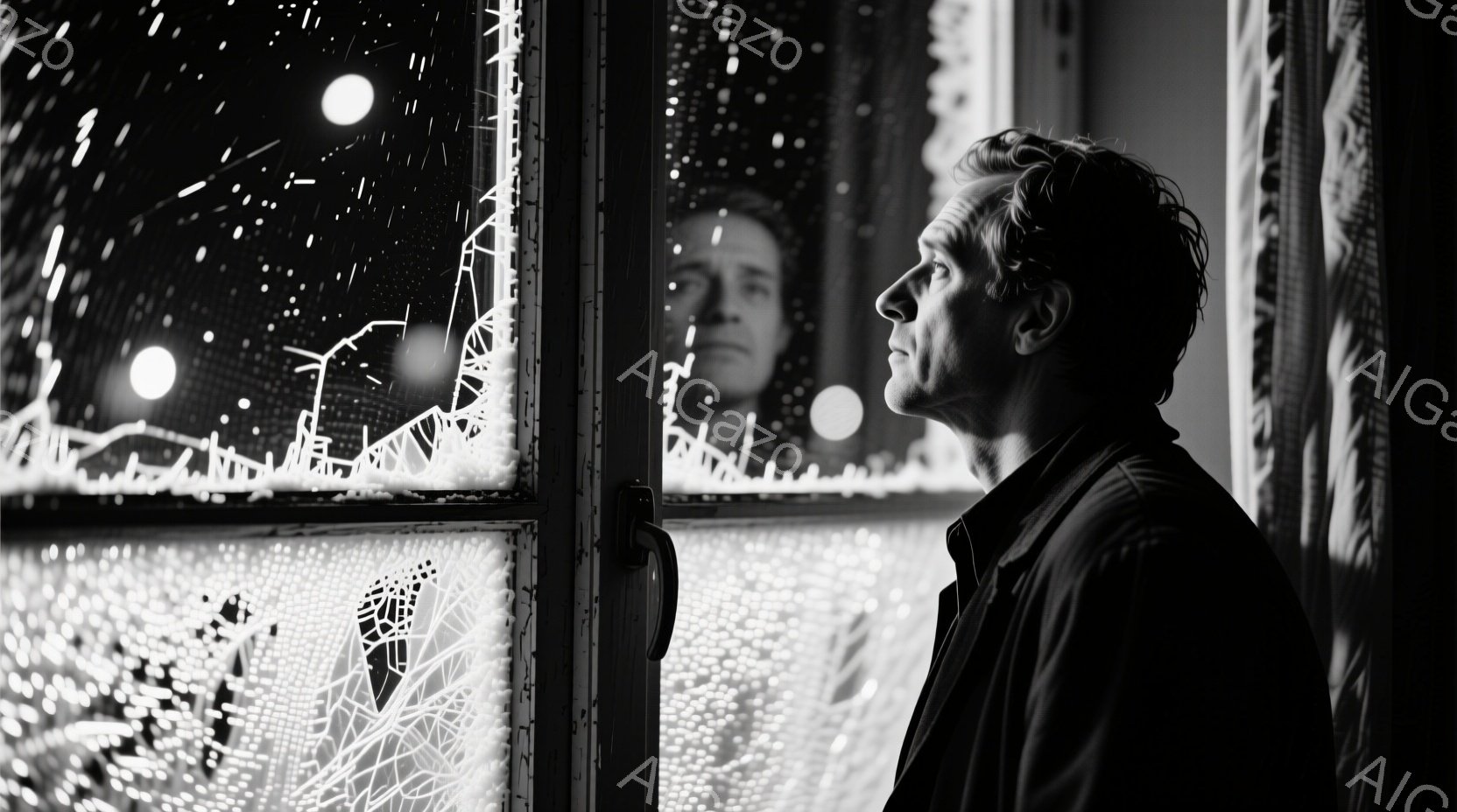 破損した窓枠に寄りかかり、男性が外を見つめている。彼はダークカラーのコートを着ており、髪は少し無造作で、顔には憂鬱そうな表情が浮かんでいる。背景は暗く、雪のようなものが舞い、全体的に寂しげで物憂い雰囲気を醸し出している。