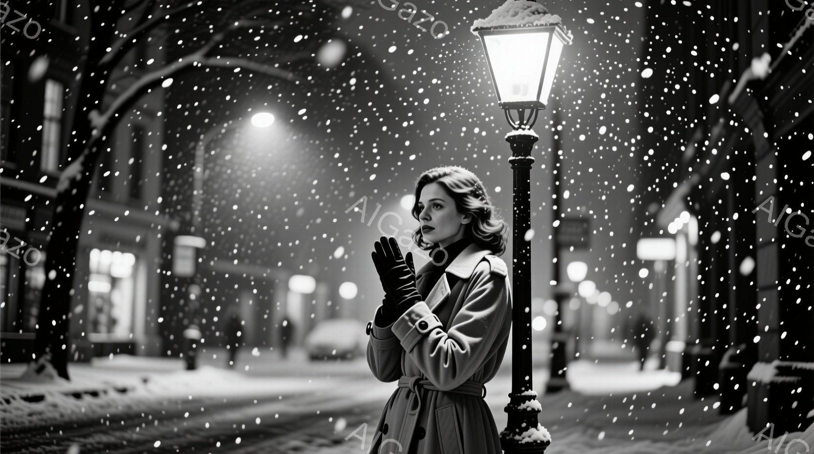 雪が降り積もる夜の街並みで、女性がコートを着て立っている。彼女は黒い手袋をはめ、両手を前に組み合わせて何かを待っているような表情をしている。背景には薄暗い建物と、雪で覆われた街灯があり、全体的にノスタルジックでロマンチックな雰囲気を醸し出している。