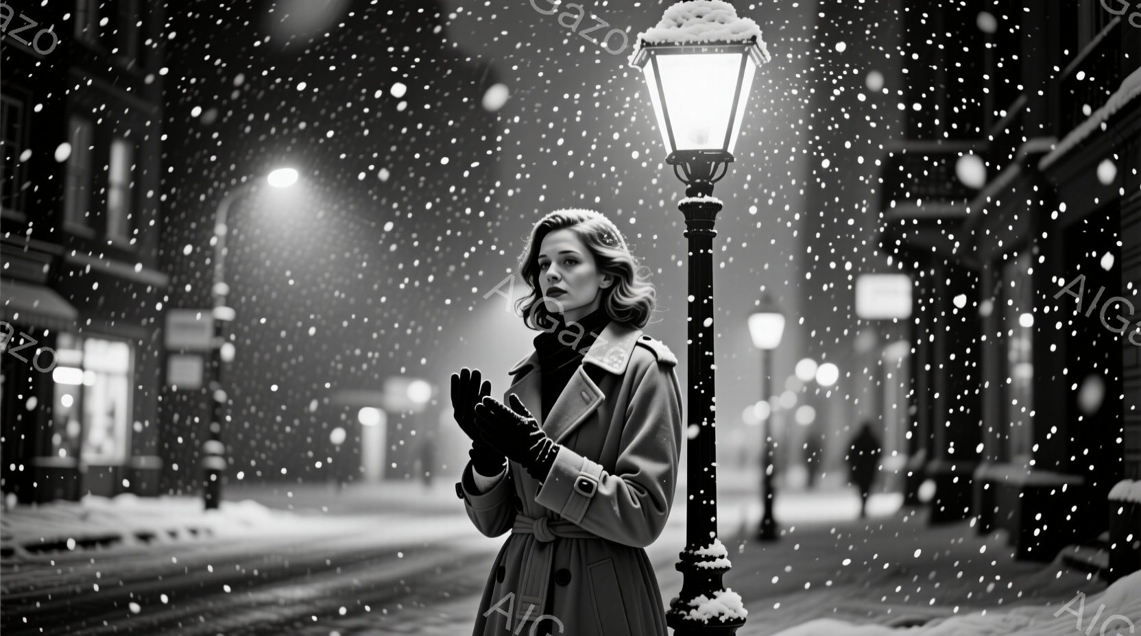 雪が降る夜の街並みで、コートを着た女性が立っている。彼女は黒い手袋をはめ、両手を前に組んで何かを待っているような仕草をしている。背景には街灯が立ち並び、遠くにはぼんやりと建物が見える、静かで少し寂しげ - AI生成フリー素材